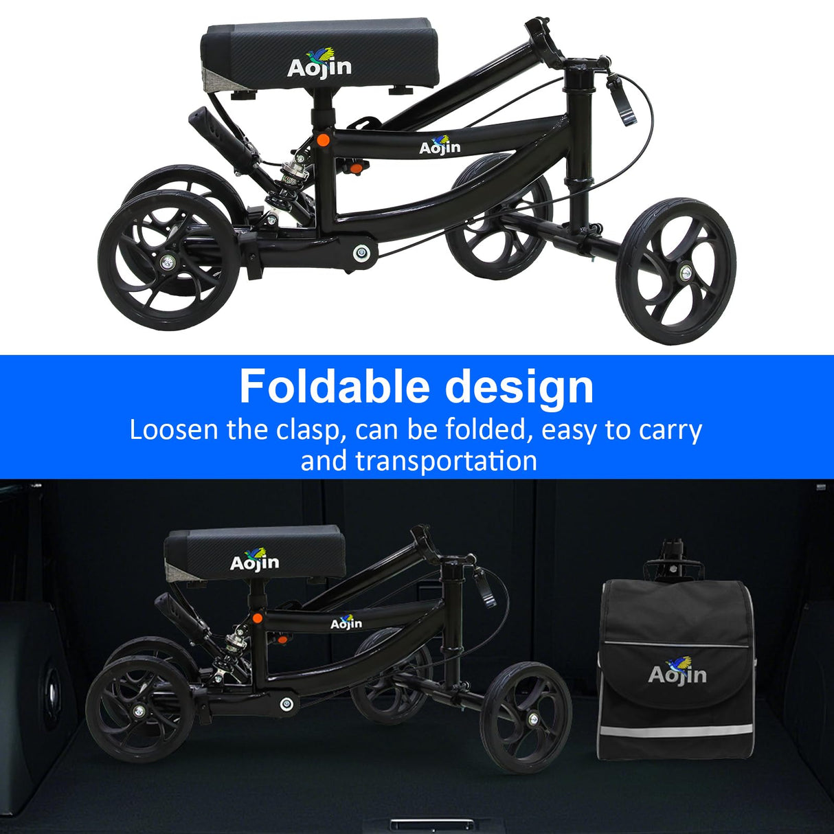 Aojin Knee Scooter, 300lbs Capacity, 13" Big PU Seat, All Terrain Foldable Knee Scooter Walker with Bag for Foot Injuries Compact Crutches Alternative (Black)