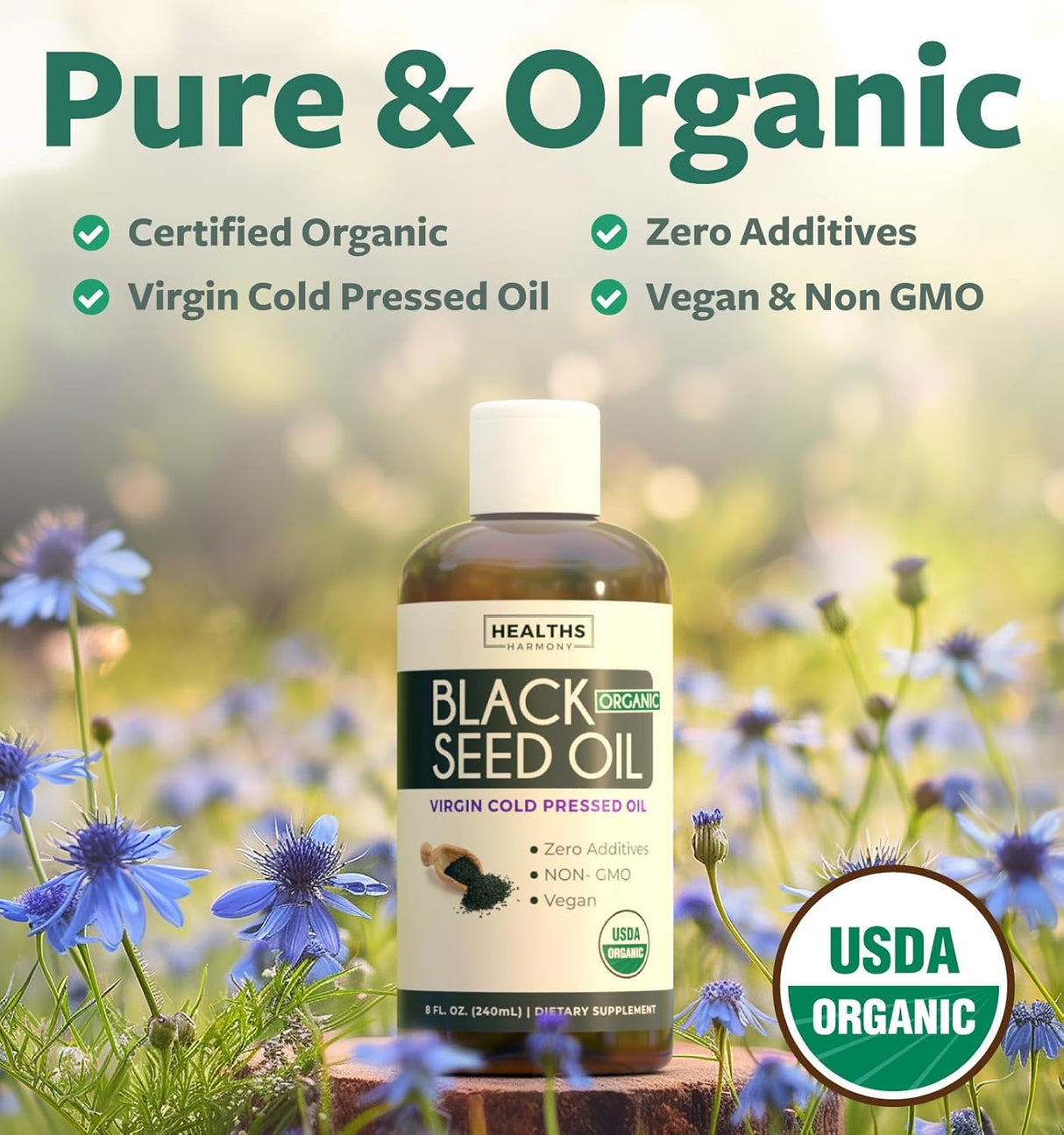 USDA Organic Black Cumin Seed Oil Liquid (8 fl oz) Premium Cold-Pressed Nigella Sativa Producing Pure - Antioxidant Supplement - Vegan, Gluten-Free, & Non-GMO (No Pills or Capsules)