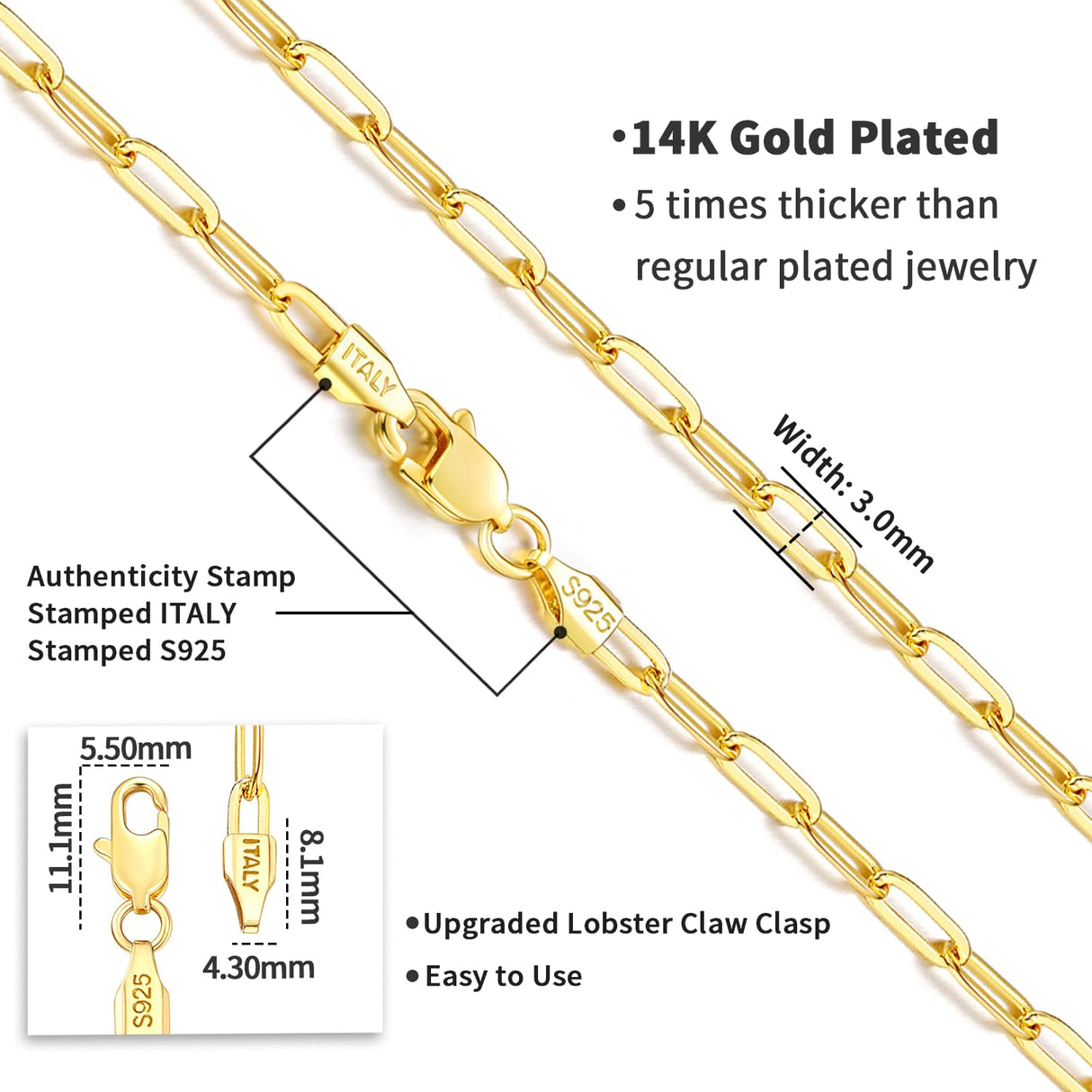 Jewlpire 14K Gold Plated Paperclip Necklace for Women, 14K Gold Plated Chain for Women 3mm Women's Chain Necklaces, Paperclip Chains 20 Inch