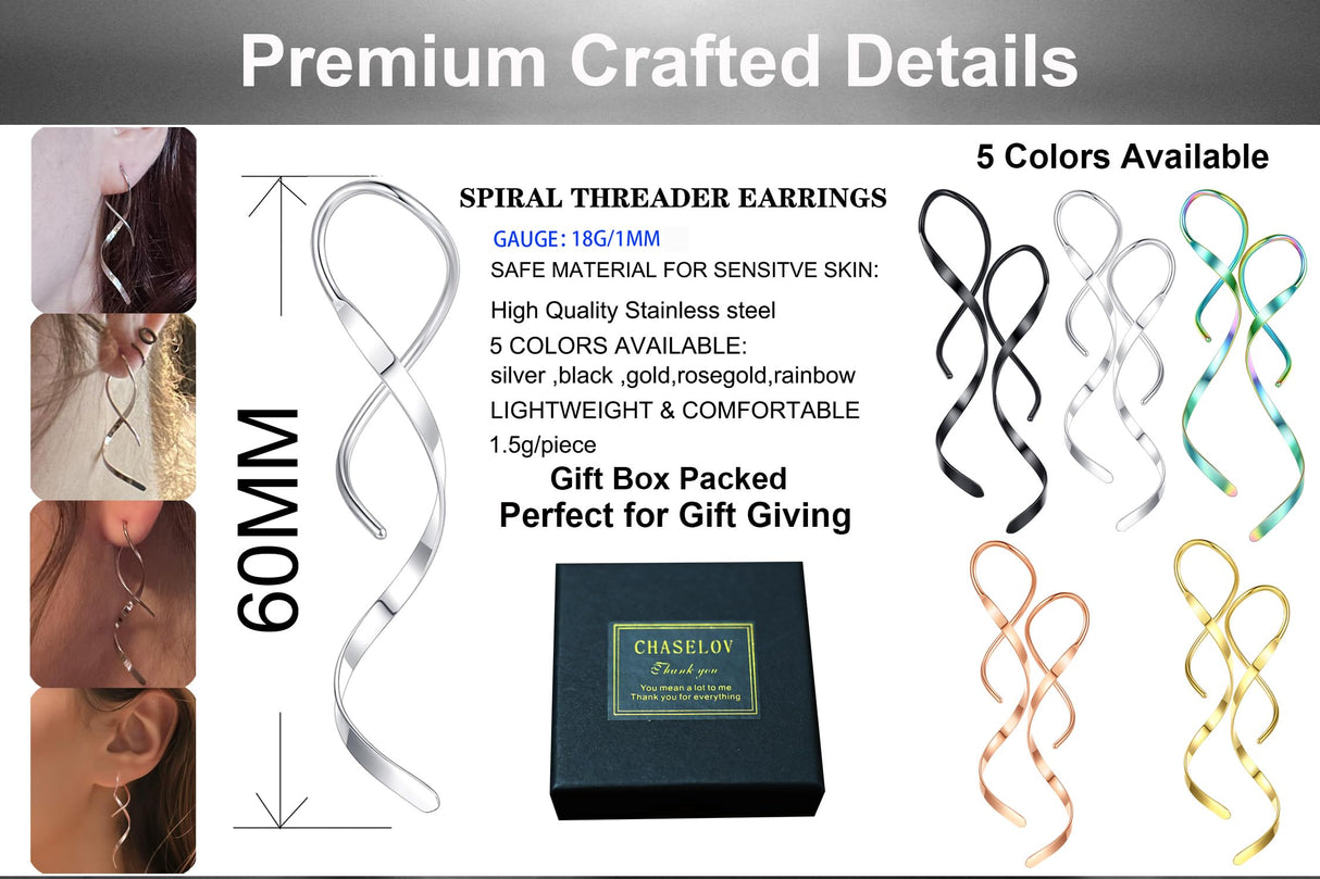 Spiral Threader Earrings, 18G Stainless Steel Drop Dangle Handmade Twisted Linear Curved Dangling Minimal Earrings (SILVER&BLACK&GOLD&RAINBOW&ROSEGOLD)