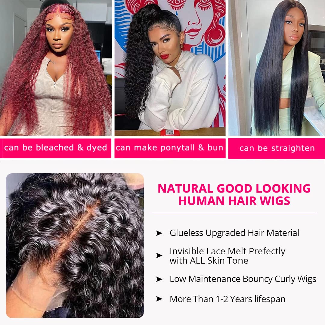 30 Inch Lace Front Wig Human Hair for Black Women 180% Density HD Transparent 13x4 Deep Wave Lace Front Wigs Human Hair Pre Plucked Wet and Wavy Brazilian Curly Glueless Lace Frontal Wigs (30Inch)