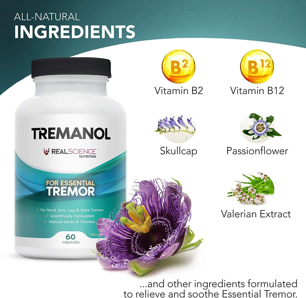 Tremanol Natural Aid for Essential Tremor - Provides Tremor Relief for Shaky Hands, Arm, Leg And Voice (Pack of 3 Of 60 Capsules Each)