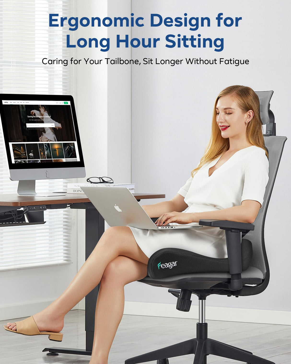 Feagar Large Ergonomic Seat Cushion - Thick Full Wrap Memory Foam Office Chair Cushion for Tailbone Pain Relief, Coccyx Cushion with Non-Slip Pad for Desk Chair, Wheelchair, Car Seat Long Sitting