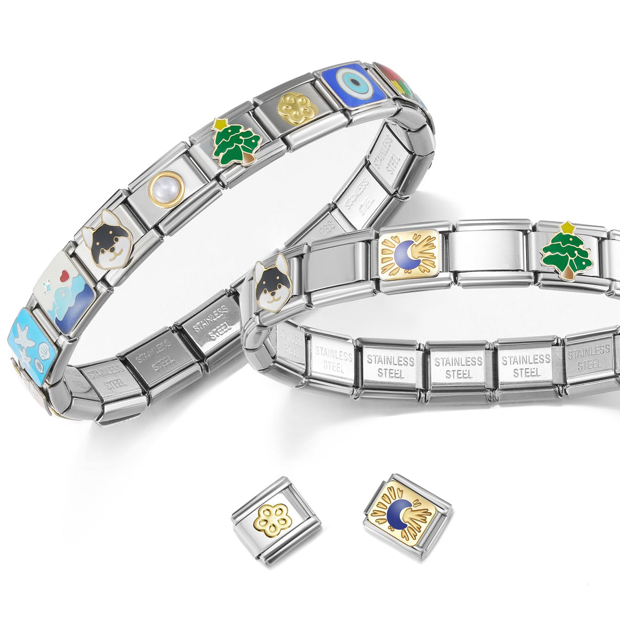Stainless Steel Italian Charm Bracelet, 18 Link Starter Bracelet 9mm Charms