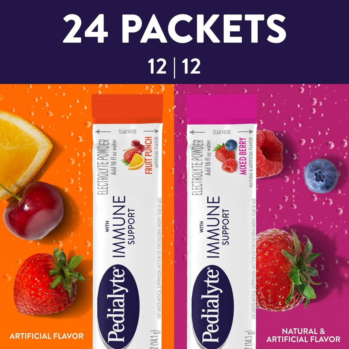 Pedialyte with Immune Support, Electrolyte Drink Powder with Vitamin C and Zinc, Advanced Hydration, Variety Pack: Fruit Punch and Mixed Berry, 24 Powder Packets