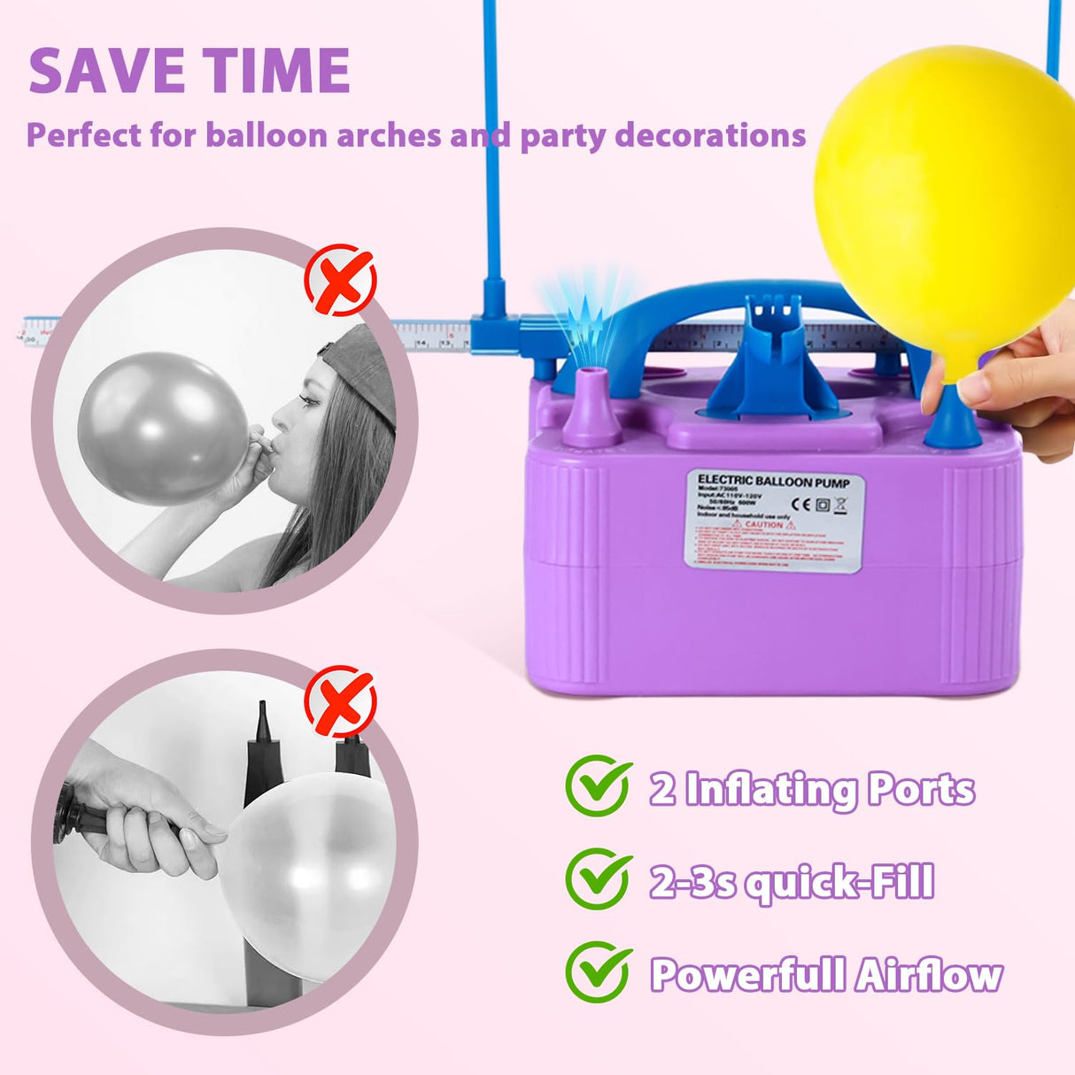 Party Zealot Electric Balloon Inflator Dual Nozzles with Balloon Sizer Air Pump US Standard Plug for Arch, Column Stand, Birthday, Wedding, Christmas, Graduation Party, and Party Decorations