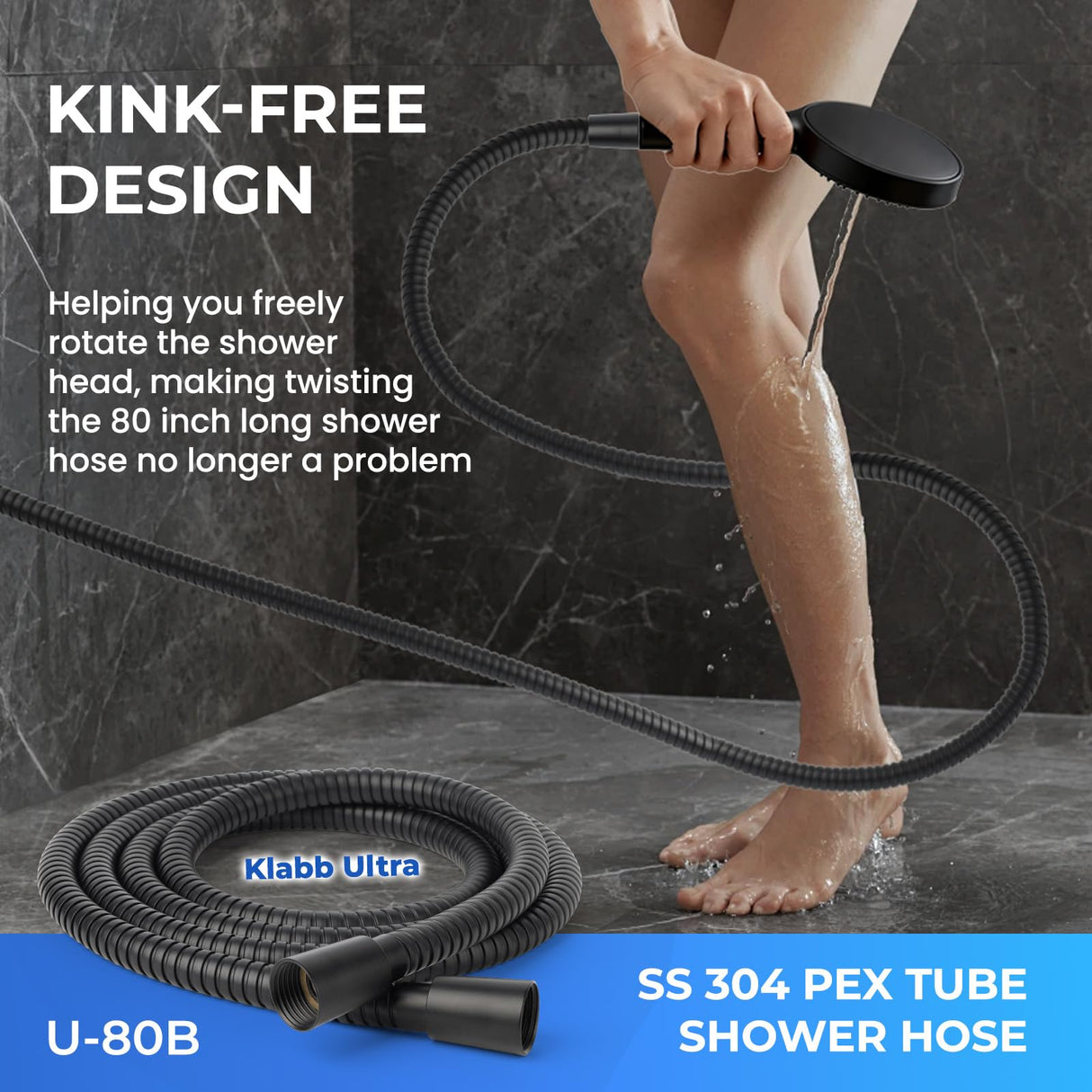 Klabb 80 Inch Extra Long Shower Hose, Matte Black Stainless Steel Shower Hose for Handheld Shower, Flexible Anti-Kink Design with 360° Reinforced PEX Inner Tube, 3.6 GPM, G1/2
