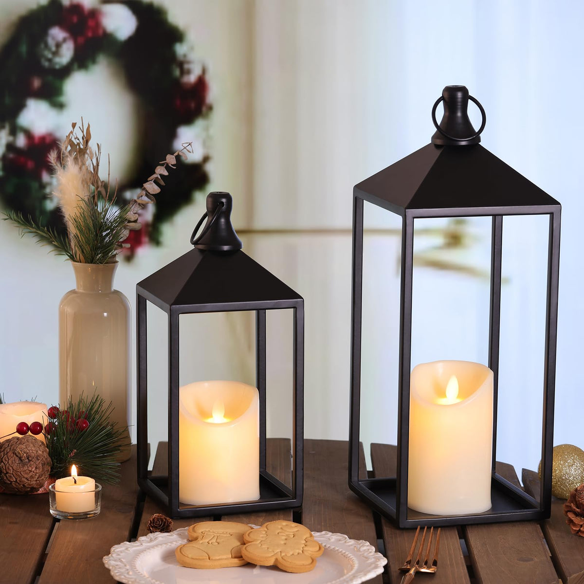 2 Pcs Black Decorative Metal Lanterns Farmhouse Lantern Decor with Candles