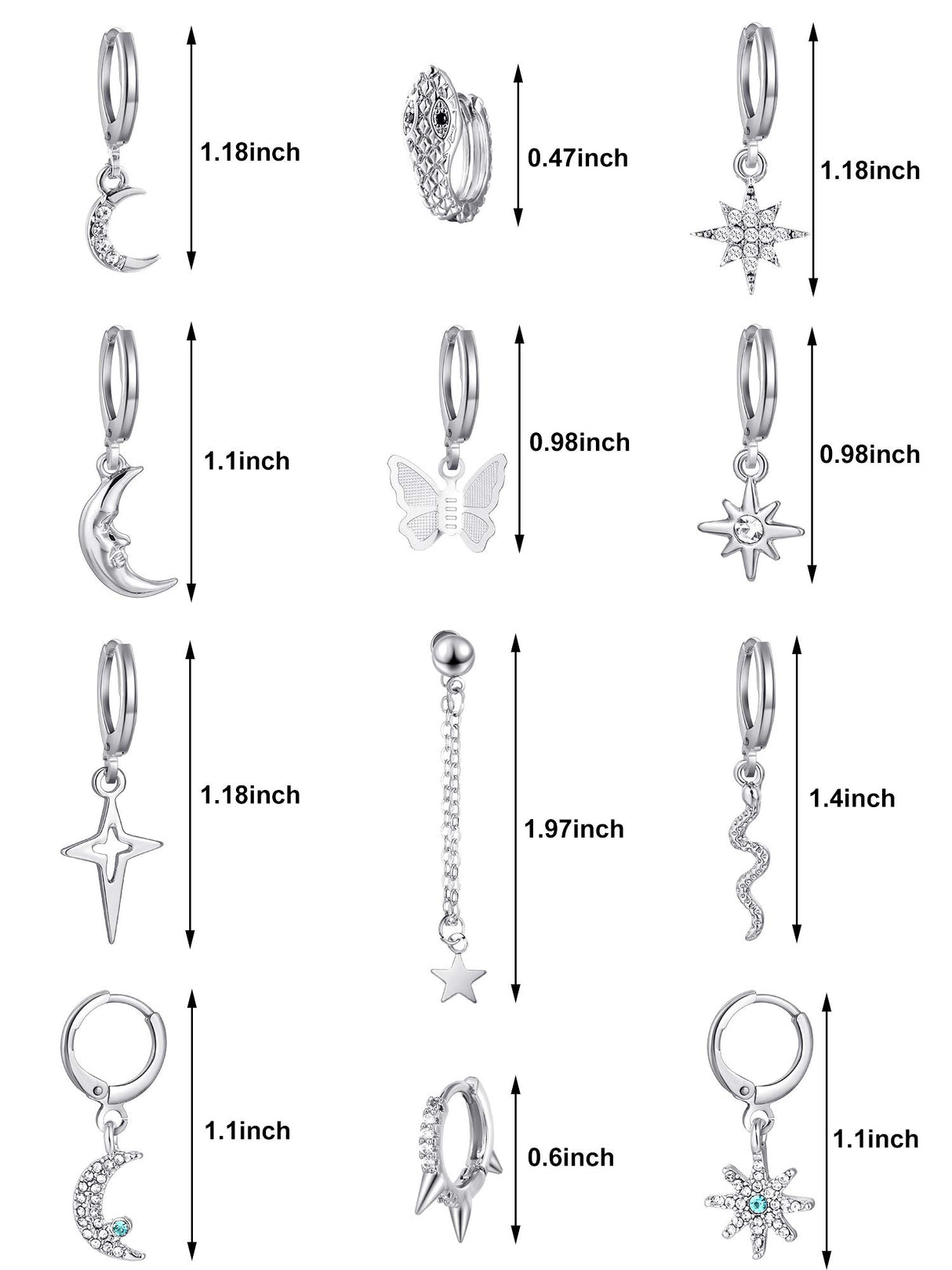 Hicarer 12 Pairs Dangle Huggie Hoop Earrings Star Moon Charms Set,Silver