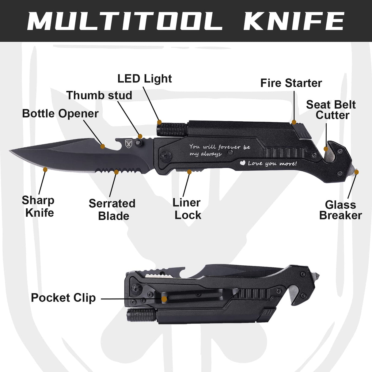 Gifts for Him Men, Christmas Stocking Stuffers, Anniversary Birthday Gifts for Him Boyfriend Husband, Engraved Pocket Knife, Camping Hiking Multitool Knife, 7 in 1 Folding Knives with LED Light