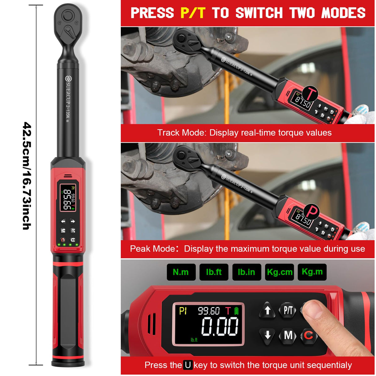 SUERCUP 3/8-inch Digital Torque Wrench(1.5-99.6Ft.Lb/2-135Nm) ±1% Accuracy Digital Torque Wrench with Vibration, Buzzer,LED Notification and Five Units of Measure, for Motorcycle, Auto Repair