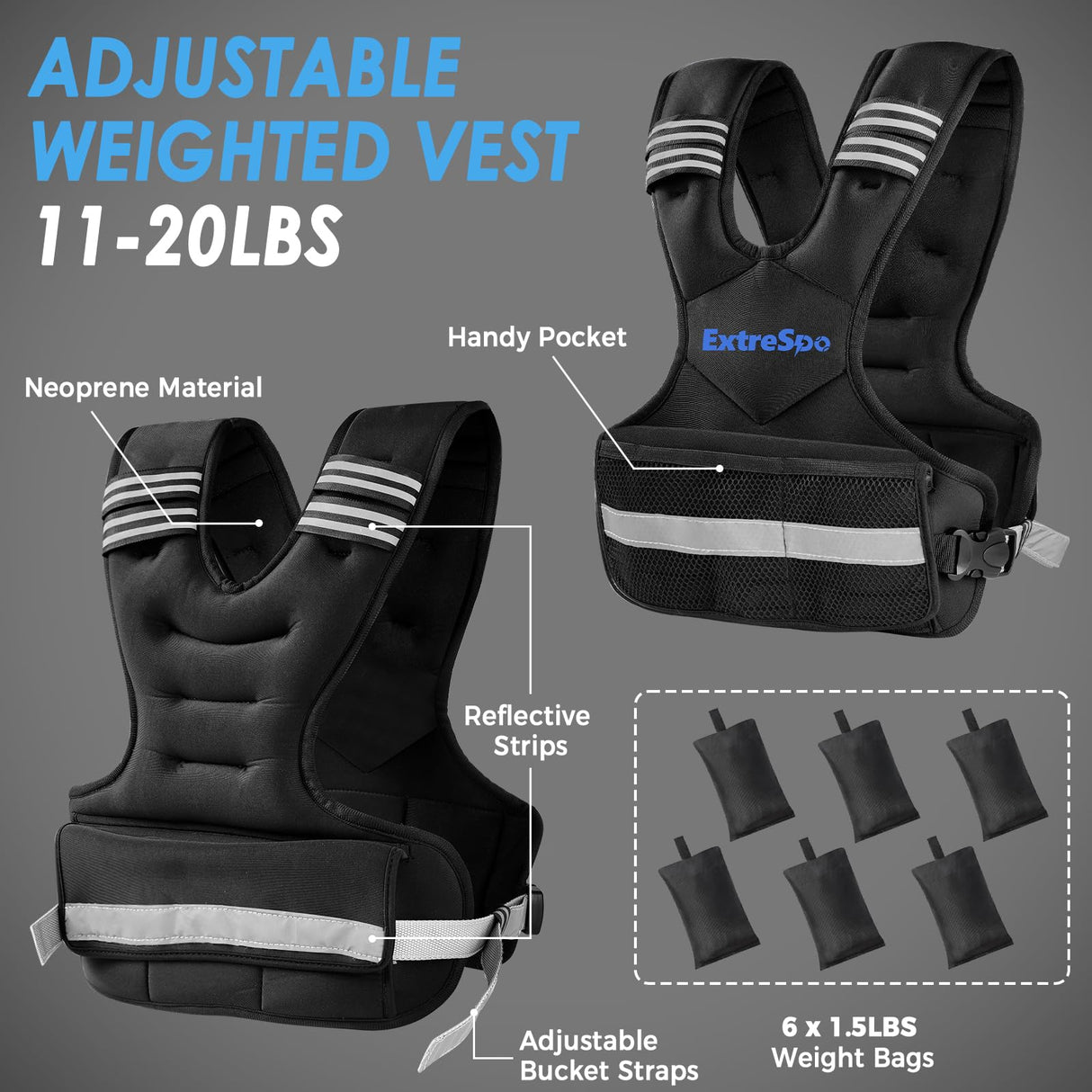 ExtreSpo Adjustable Weighted Vest for Women and Men, 11-20lb Weight Vest with 6 Ironsand Weights, Body Weight Vest Exercise Set with Reflective Strip for Strength Training and Workout