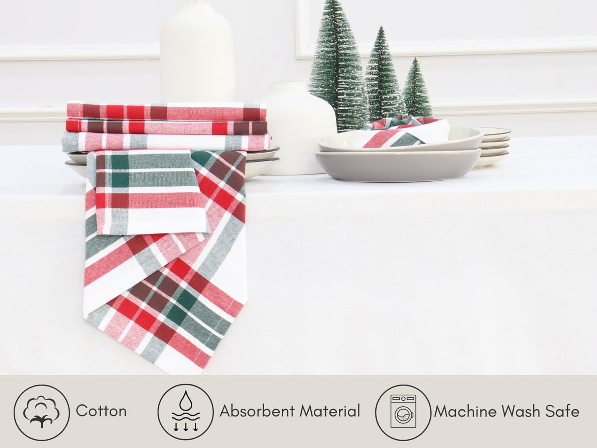 PurpleEssences Homestead Plaid Set of 12 Cloth Dinner Napkins 100% Cotton 18x18 - Soft Durable Washable - Ideal for Farmhouse Party Wedding Christmas - Red Green and White