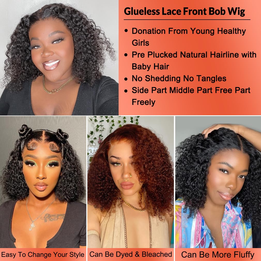 Besurina Curly Bob Wig Human Hair 14 Inch Glueless 13x4 Lace Front Wigs Pre Plucked for Black Women 180% Density Mongolian HD Kinky Curly Bob Lace Frontal Wigs Wet and Wave