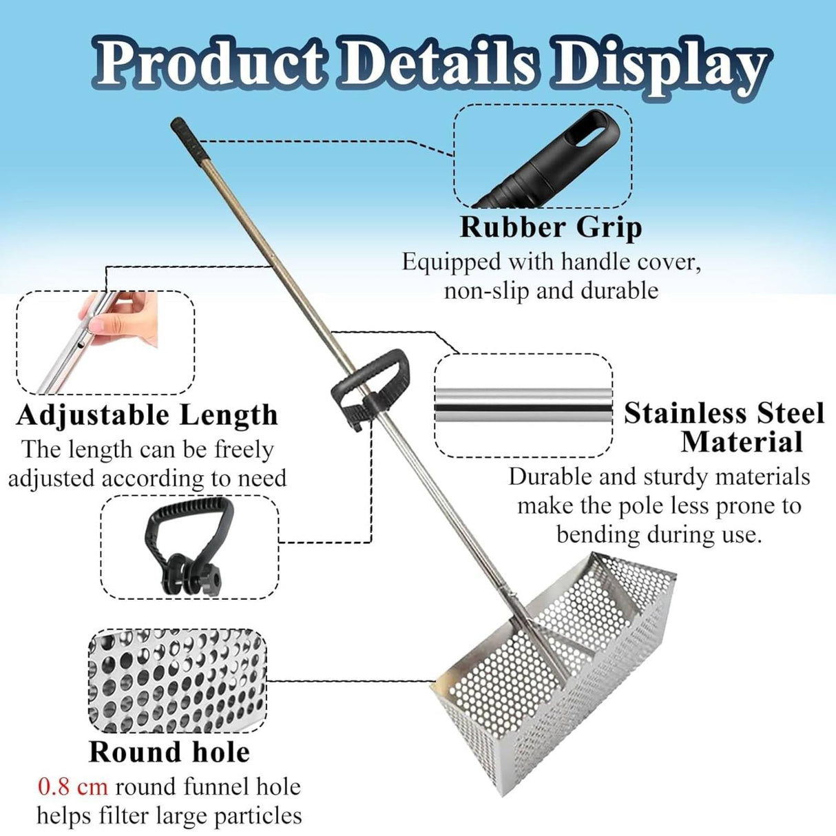 Sand Flea Rake, The Shark Tooth Screen Comes with A 16-Inch-Wide Drain Screen with A 51-Inch Handle, Detachable Sand Flea Rake, Shark Tooth Screen (Water Bucket not Included)