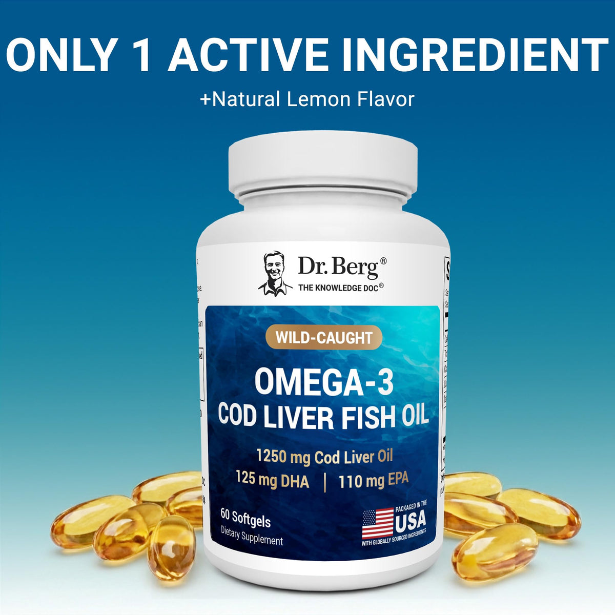Dr. Berg Omega-3 Cod Liver Fish Oil 60 Softgels – Wild-Caught Icelandic Cod – Omega 3 EPA & DHA – Heart, Brain, Immune & Eye Support* – Lemon Flavor – 4X Lab-Tested – Non-GMO, No Fillers