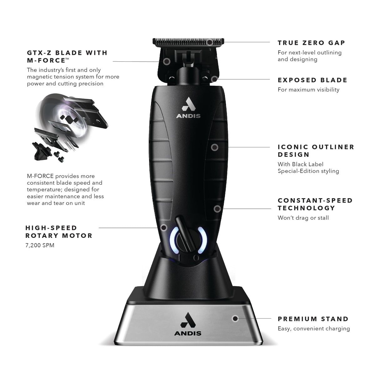 Andis GTX-EXO Black Label Special Edition, Professional Lithium-ion Electric Beard & Hair Trimmer, M-Force Technology, Cordless, Included Charging Stand, Black