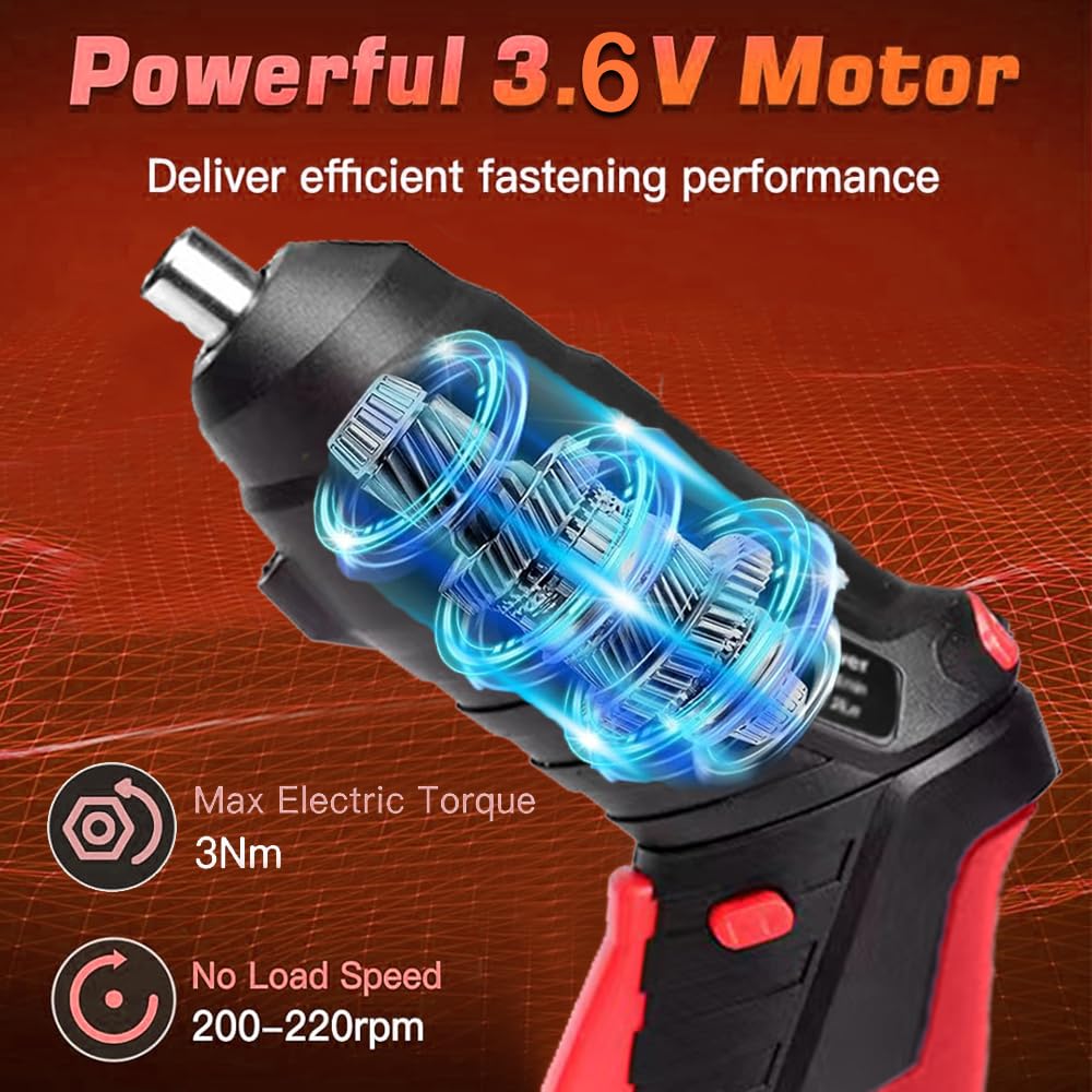 AFNZTME Cordless Power Screwdriver Electric Screwdriver Rechargeable Set, Battery Powered Screwdriver Kit Including 46pcs Bits, Pivoting Handle and LED Lights Small Drills Cordless (Red)