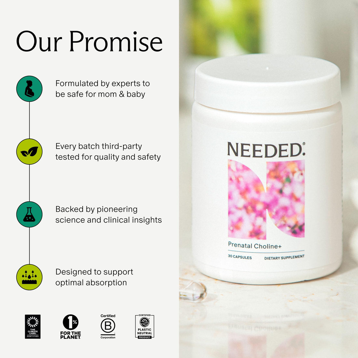 Needed.® Prenatal Choline+ for Cognitive Development, 30 Liquid Capsules