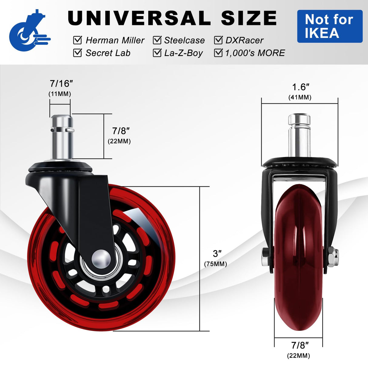Office Chair Wheels for Casters Replacement - 3" Rubber Wheels for Computer Gaming Desk Caster Wheels Smooth & Safe Rolling for All Floors Including Hardwood and Carpet - Set of 5 - Red