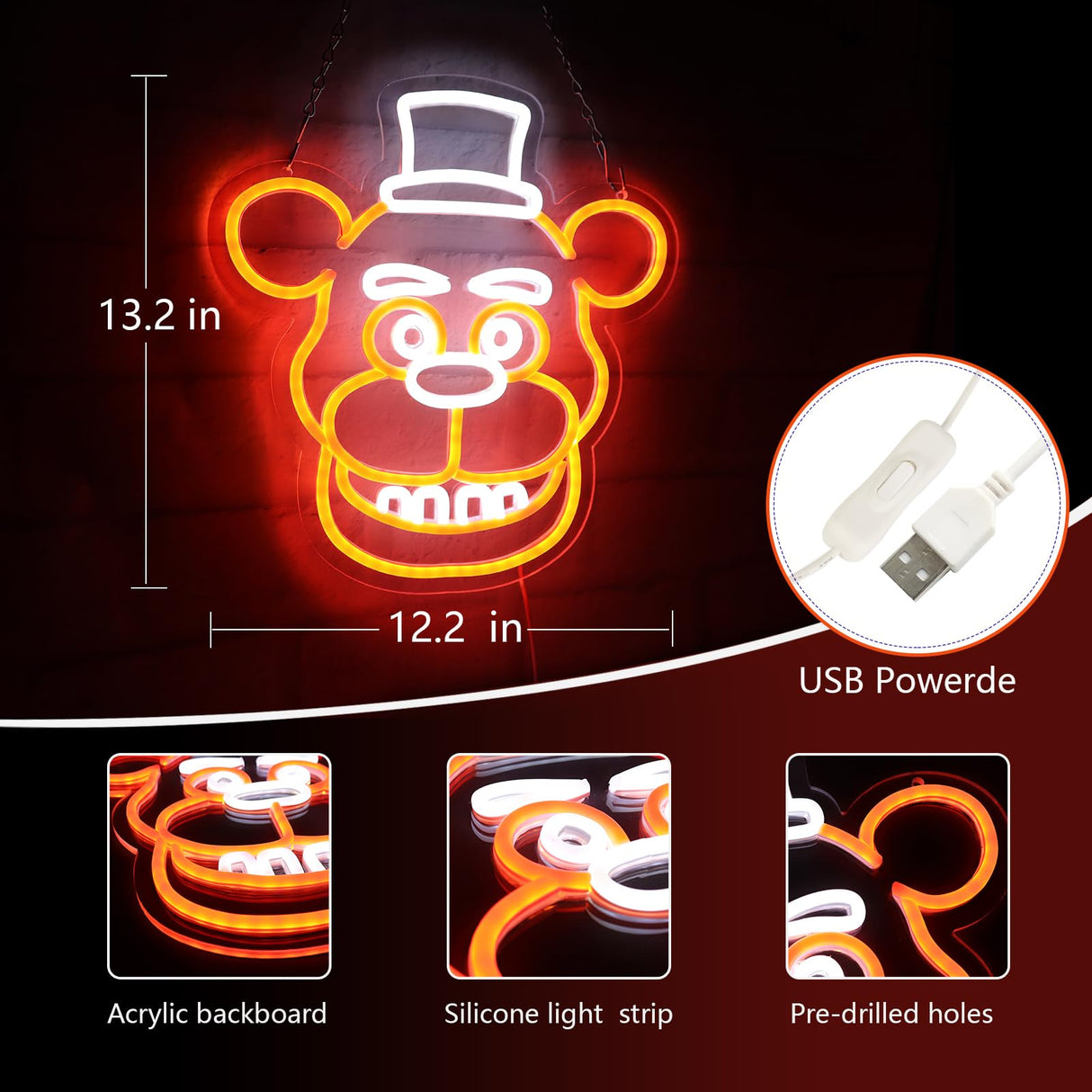 AHlove Freddy Neon Signs for Wall Decor,LED Neon Lights for Bedroom,Birthday、Christmas Gifts for kids 5V Power Adapter 12 * 13Inch(wite+orange)