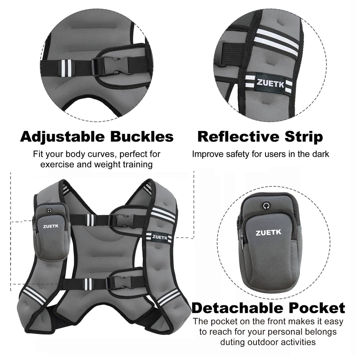 ZUETK Weighted Vest, 6lb/8lb/12lb/16lb/20lb/25lb/30lb Weight Vest with Reflective Stripe, Weighted Vest for Men Women Workout Equipment for Strength Training, Running, Jogging, Fitness, Weight Loss