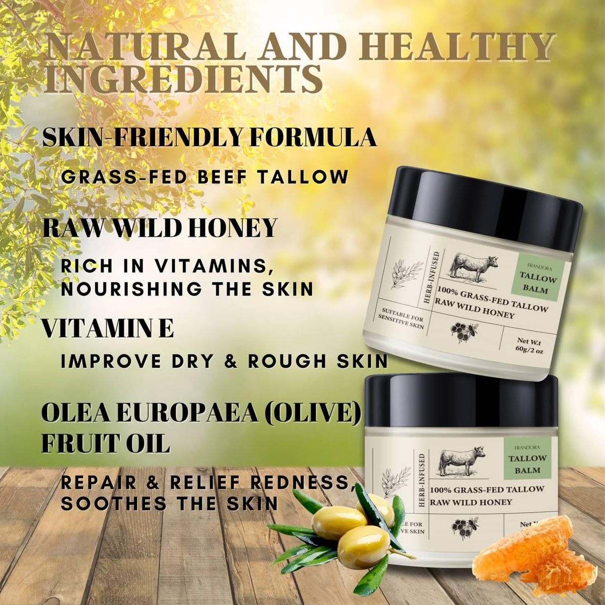 FRANDORA Beef Tallow & Honey Balm – All-Natural Moisturizer Hydrates and Nourishes the Skin, Grass-fed Beef Tallow Honey Balm blend - Ultra-Nourishing Moisturizer for Face, Body & Hands.
