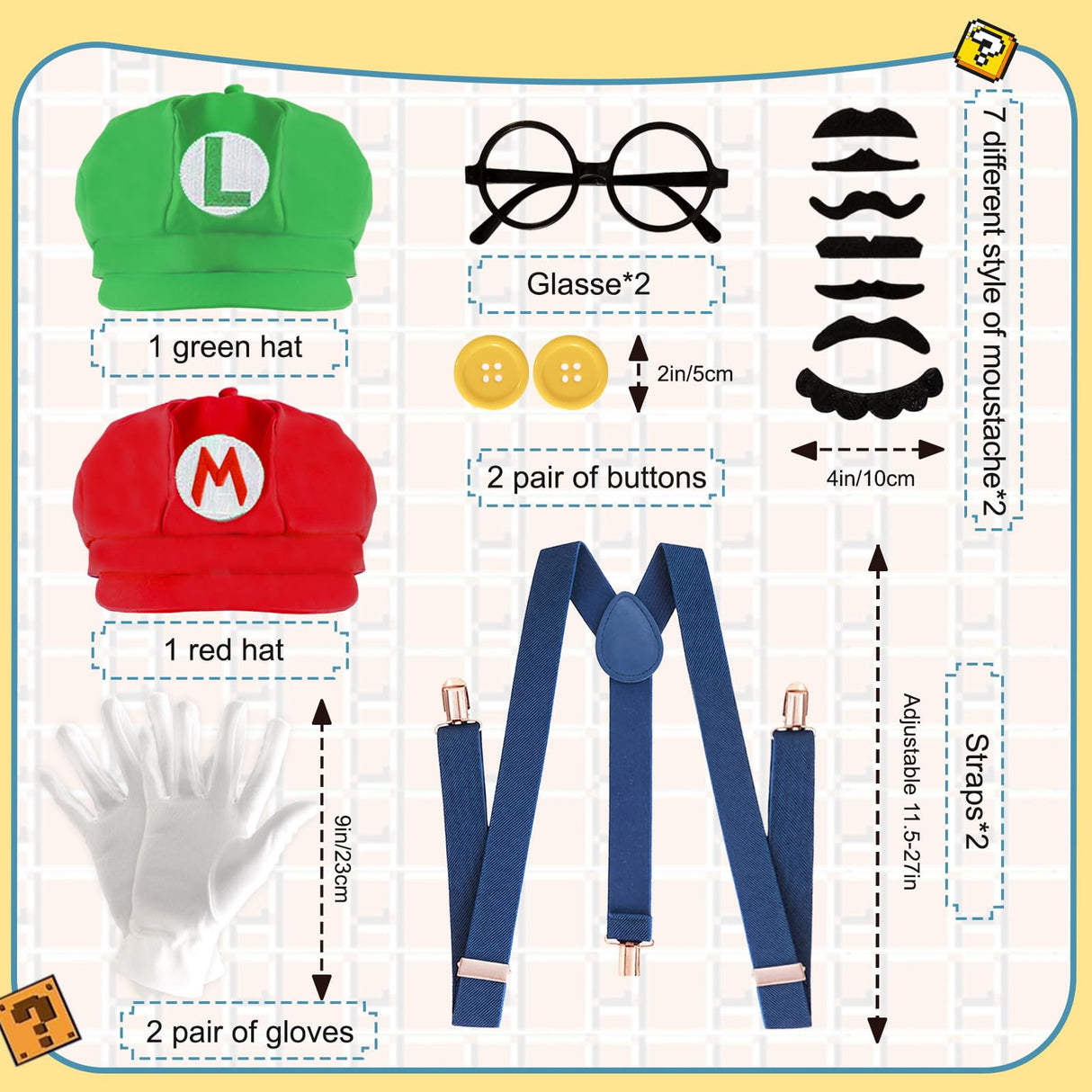 QRT Super Bros Costume Kit with Hat, Mustaches, Suspenders, Gloves Buttons ang Glasses frame for Halloween, Cosplay and Christmas (red&green)