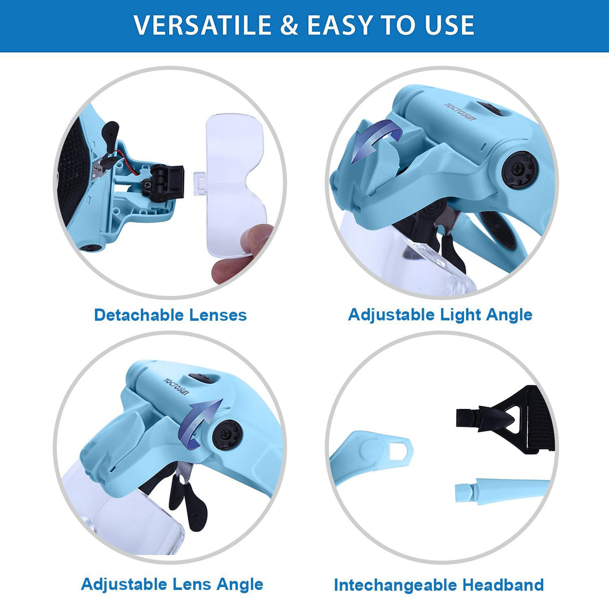 YOCTOSUN Magnifying Glasses with Light for Close Work, Head Magnifier with 5 Interchangeable Lenses and 2 LED Lights, Hands Free Head Mount Magnifying Glass for Crafts, Cross Stitch, Jewelry