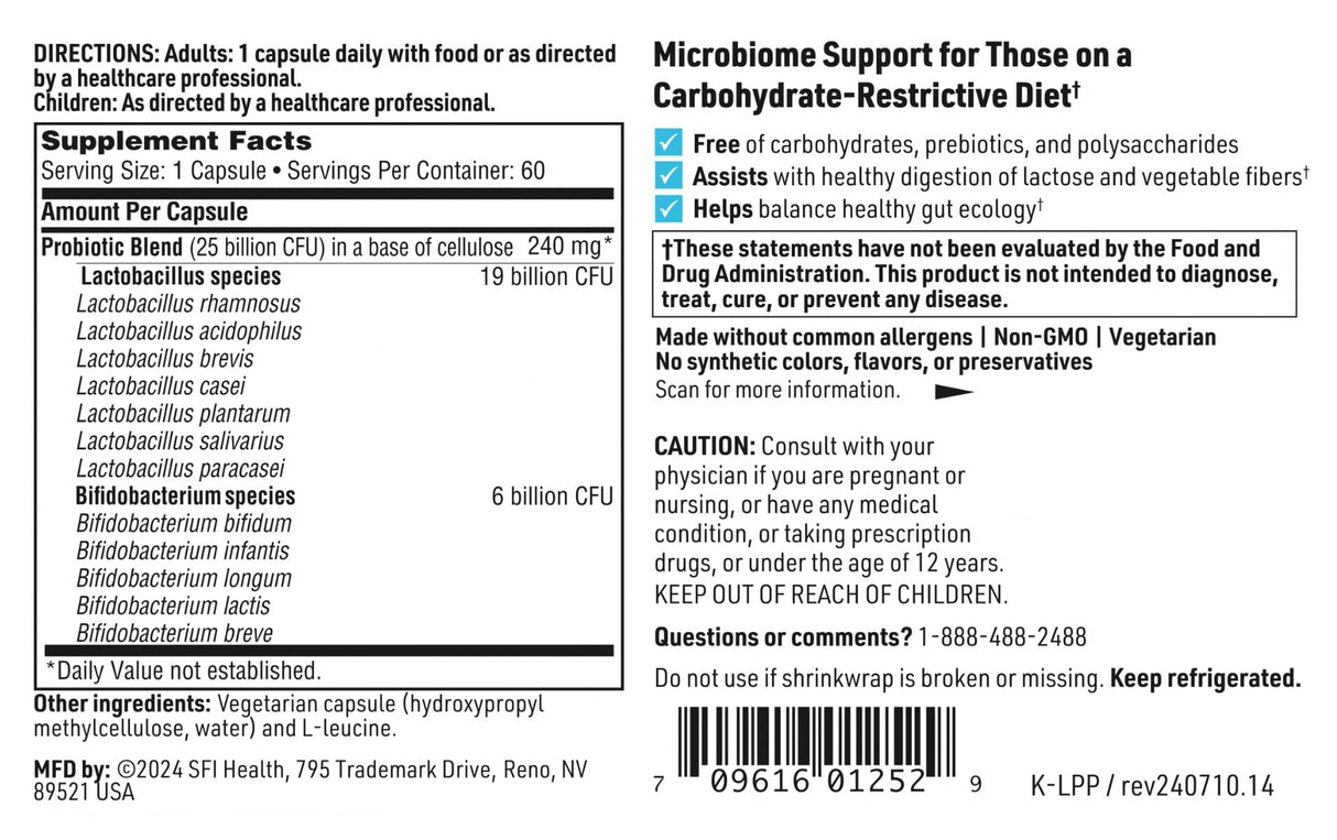 Klaire Labs SFI Health Ther-Biotic LactoPrime Plus - Lactobacillus and Bifidobacterium Probiotics for Digestive Health - Daily Probiotic for Men & Women for Carb-Sensitive Individuals (60 Capsules)
