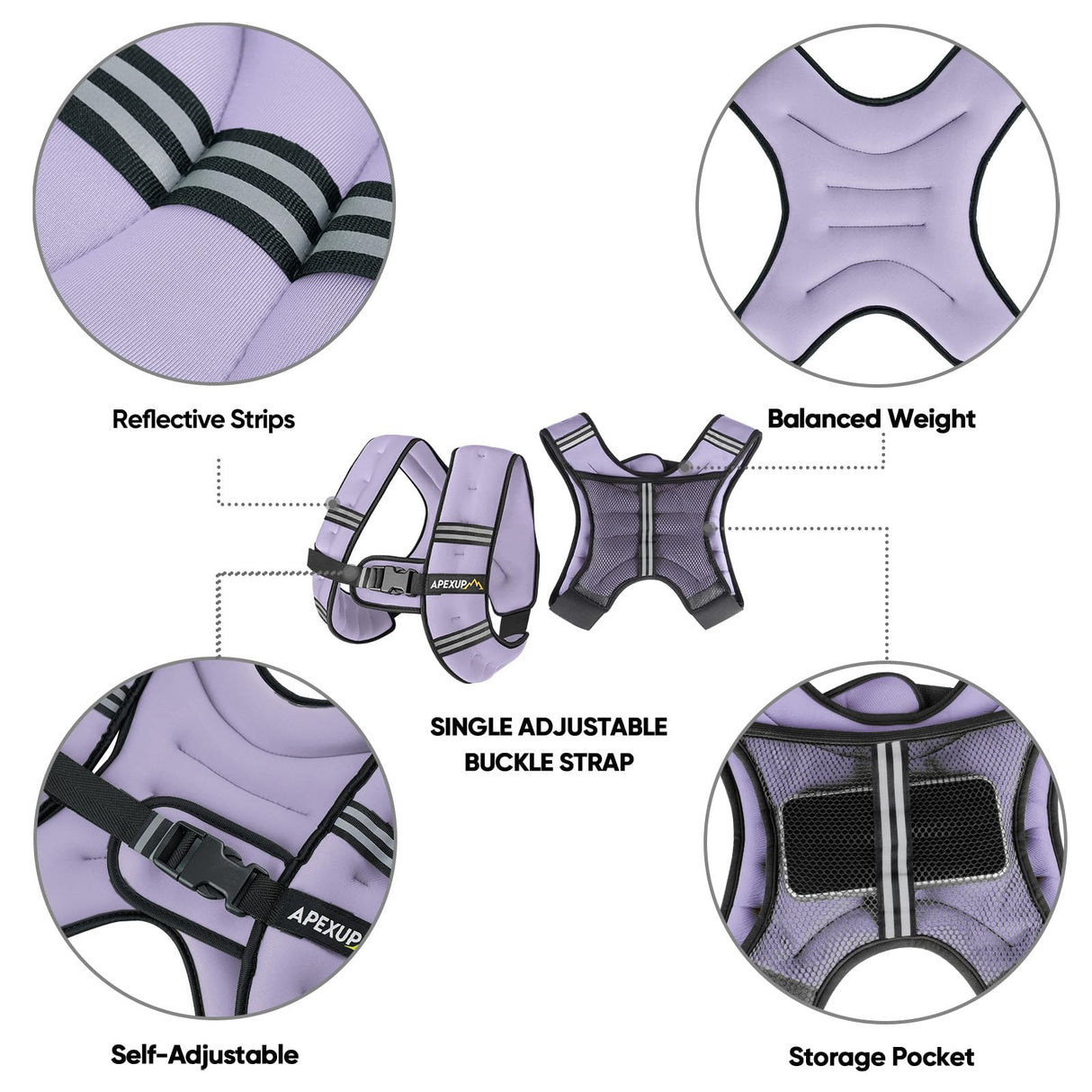 APEXUP Weighted Vest with 5lbs/10lbs/15lbs/20lbs/25lbs/30lbs Weights and Reflective Stripe, Weight Vest Men Women for Workout, Strength Training, Running (Pastel Purple, 5lbs)