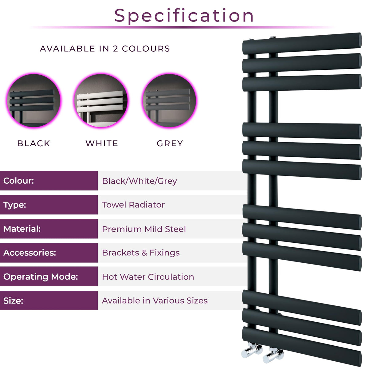 Go Bathrooms Black Towel Radiator 1130 x 500 Heated Towel Rail Vertical Designer Bathroom Radiator Heated Ladder Rail Central Heating