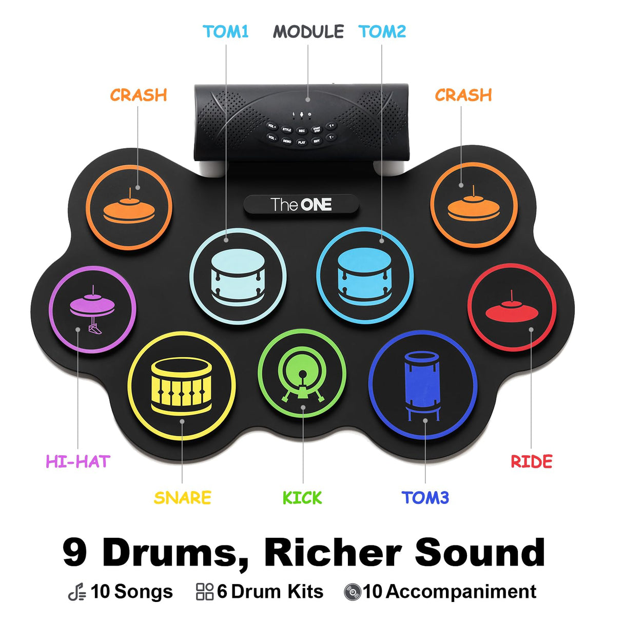 The ONE Electronic Drum Set 9 Pads Roll Up Drum Kit With Free App, Dual Built-in Speakers, Drum Sticks Pedals, Bluetooth MIDI, Great Christmas & Birthday Gift For Kids and Beginners