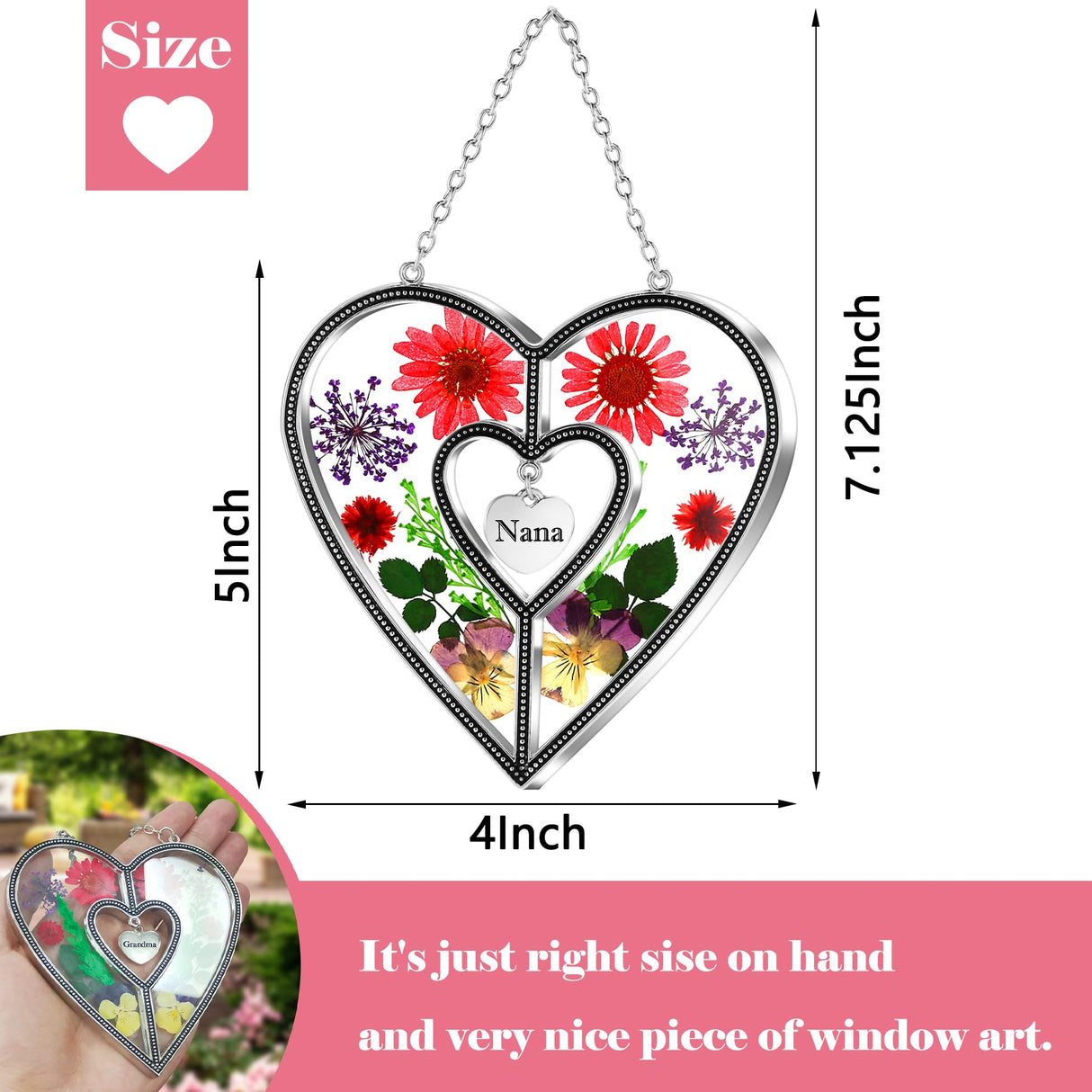 KY&BOSAM Nana Gifts Heart Suncatcher Stained Glass Panel Suncatchers for Window Hanging Ornament Wind Chime Pressed Flower Embedded in Glass and Heart Charm Birthday Gifts for Nana