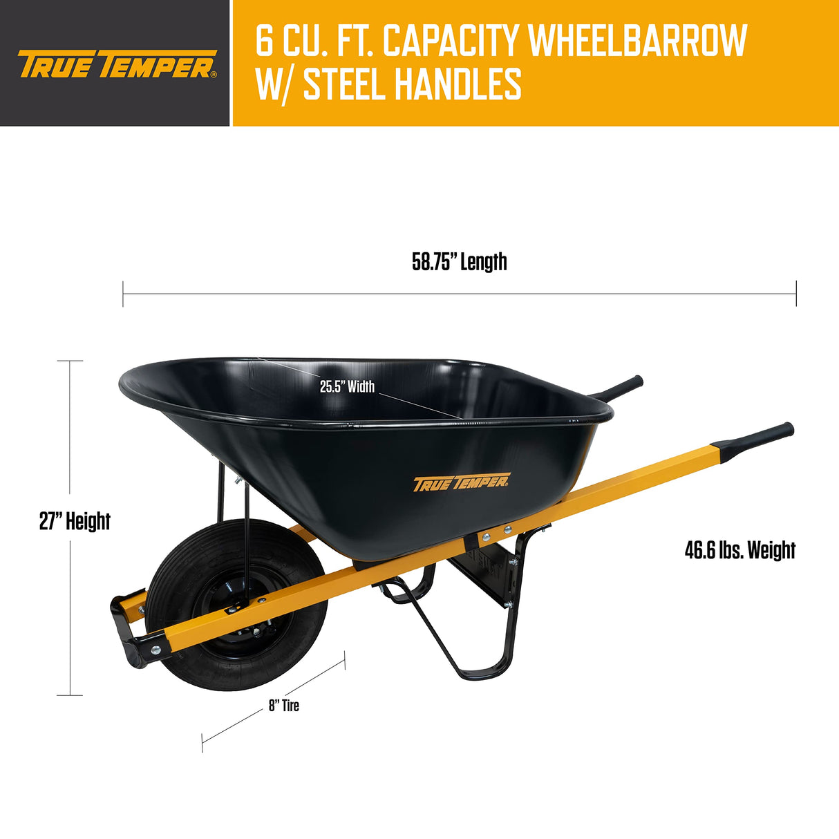 True Temper Wheelbarrow with Pneumatic Tire and Steel Handles, 6 Cu. Ft