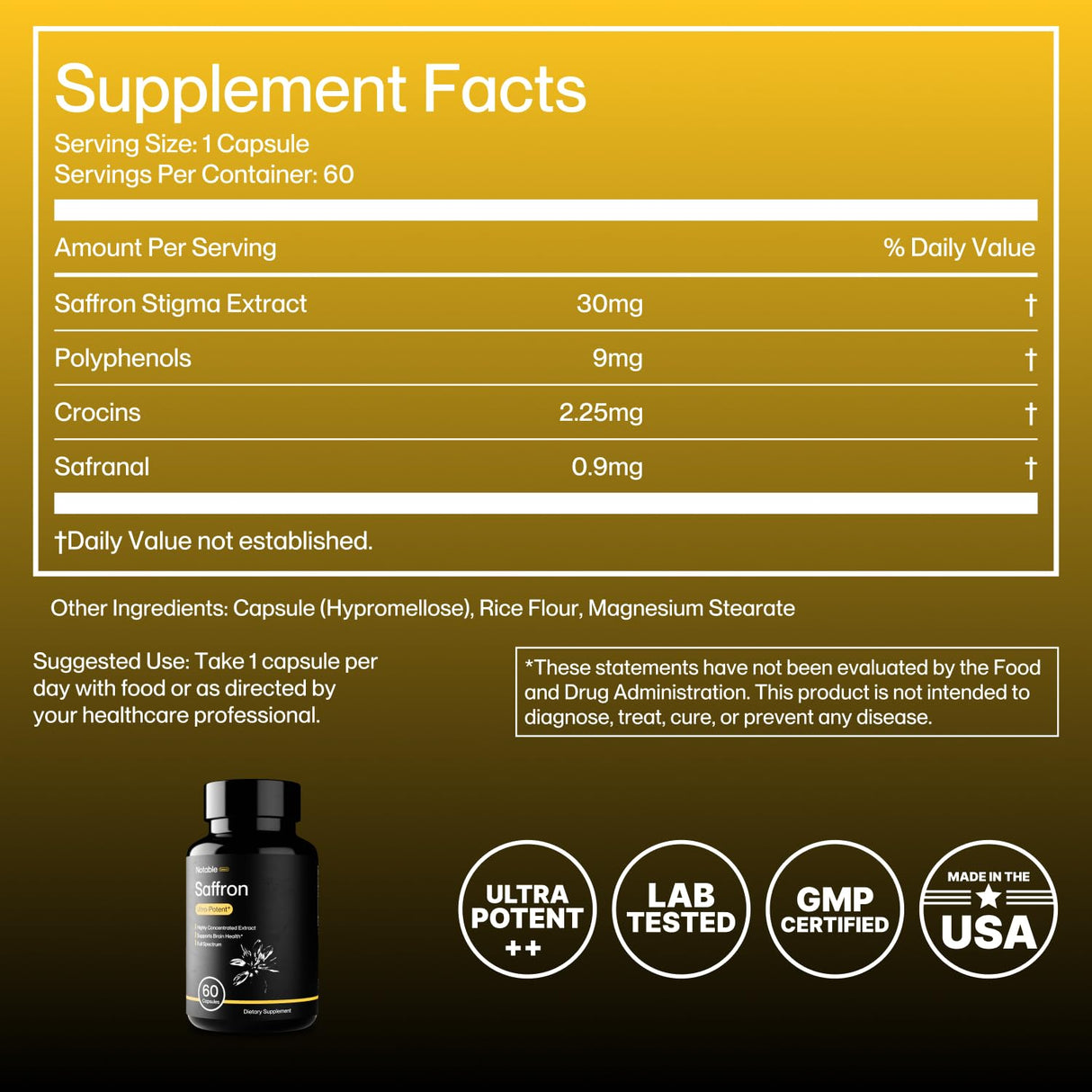 Notable Ultra-Potent Saffron Extract Capsules | 30mg | 20% Polyphenols, 7.5% Crocins, and 3% Safranal | Supports Mood, Eye Health, Memory, & Focus | 60 Day Supply