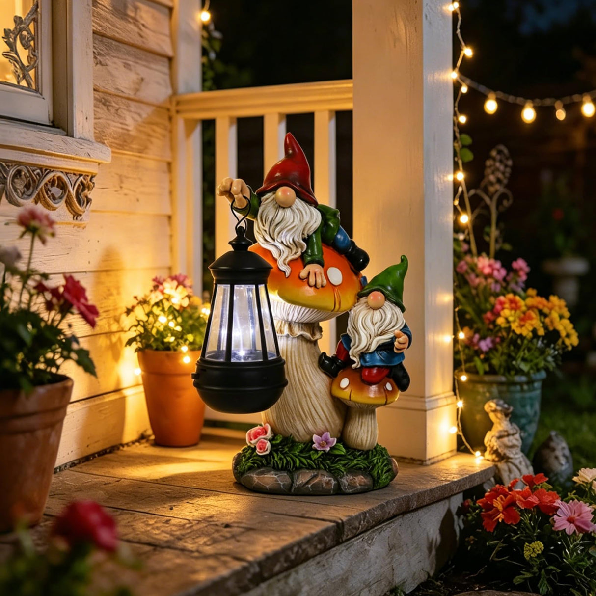 Ovewios Garden Gnome Statue, Large Funny Gnome Figurine Climbing on Mushroom and Holding a Solar LED Lantern Resin Ornament for Patio Yard Lawn Porch Outdoor Decor