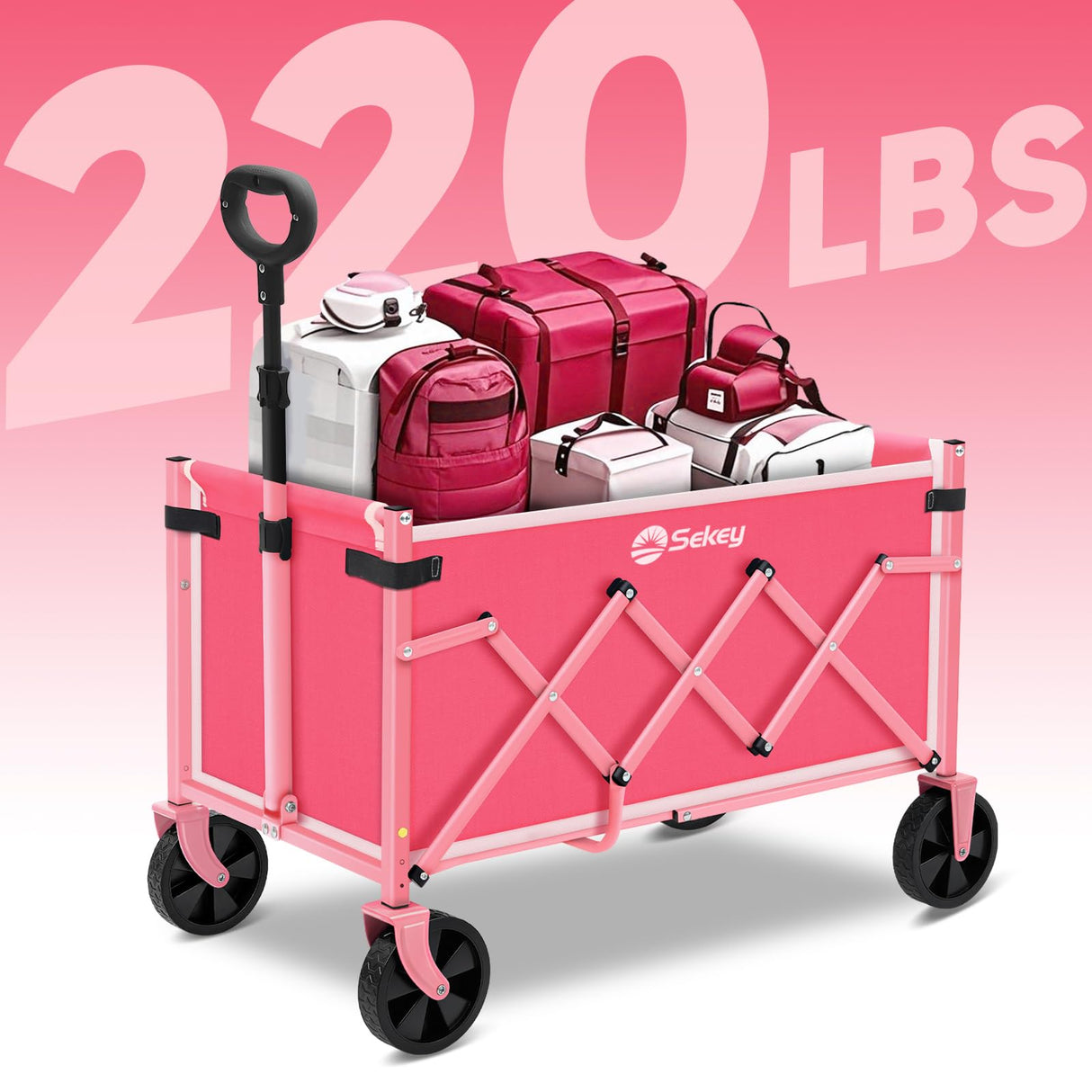 Sekey Wagon Cart with Wheels with 220LBS Capacity,Heavy Duty Wagon Carts Foldable,Lightweight Utility Portable Cart for Grocery, Shopping, Garden, Camping. Pink