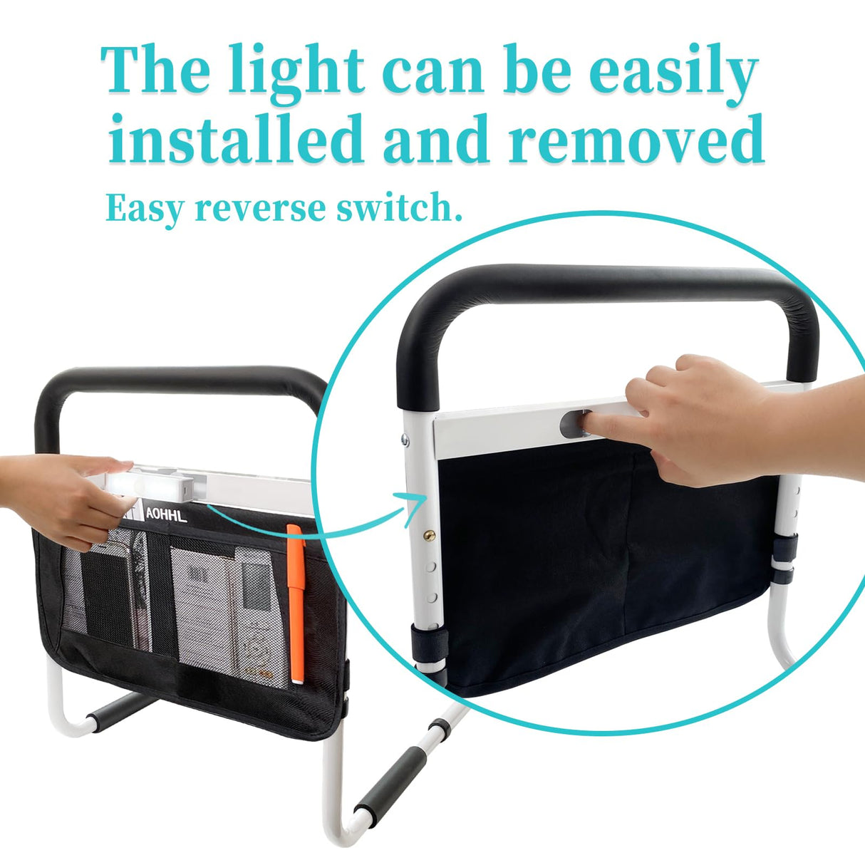 Bed Rails for Elderly Adults Safety with Adjustable Heights Storage Pocket Assist Support Side Railings Seniors Slides Under Mattressbed Cane Guard Bed Handles Bars (White (with Light))