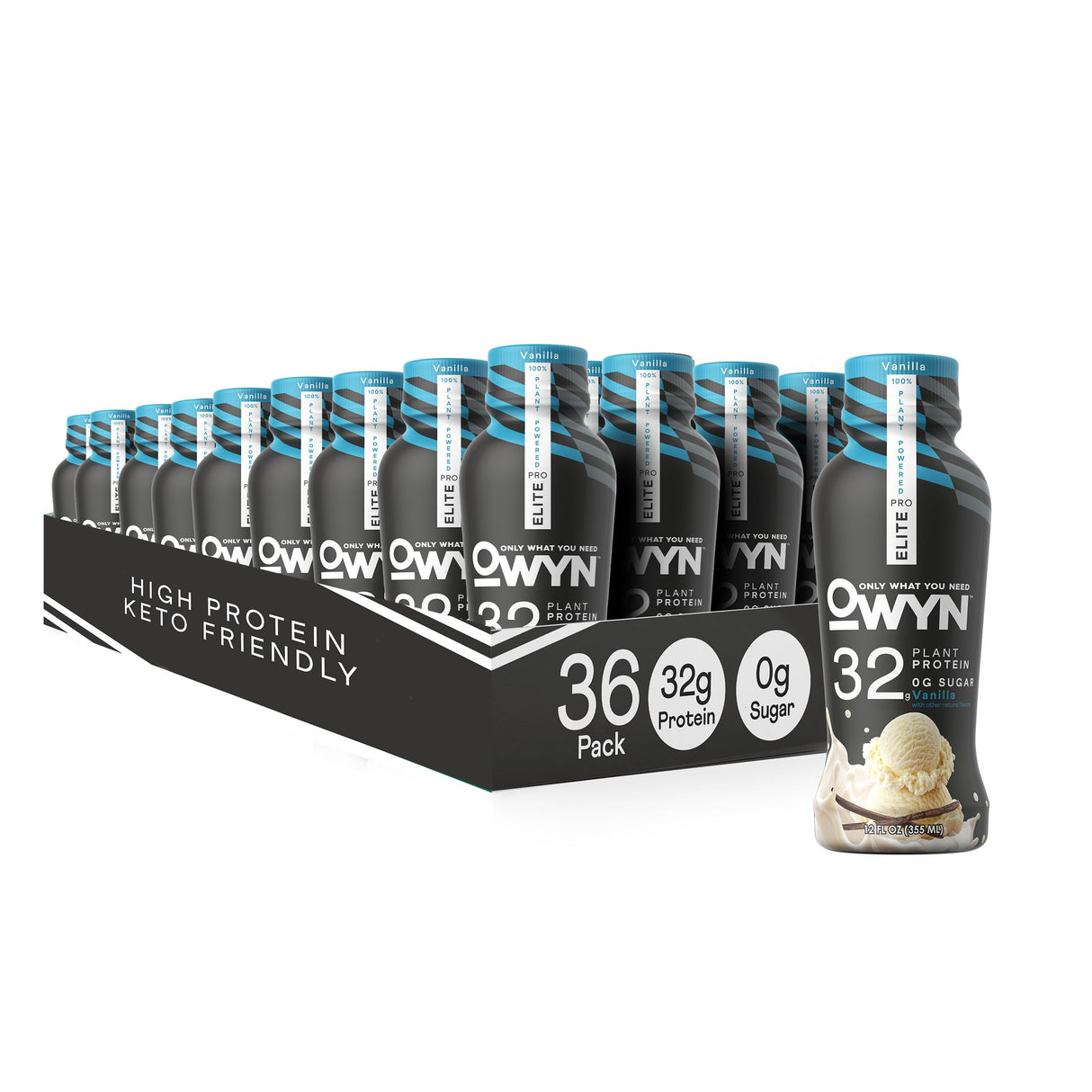 OWYN Only What You Need Pro Elite Vegan High Protein Keto Shake, 32g Protein, 9 Amino Acids, Omega-3, Prebiotics, Workout and Recovery, 0g Net Carbs, Zero Sugar (Vanilla, 12 Fl Oz (Pack of 36)