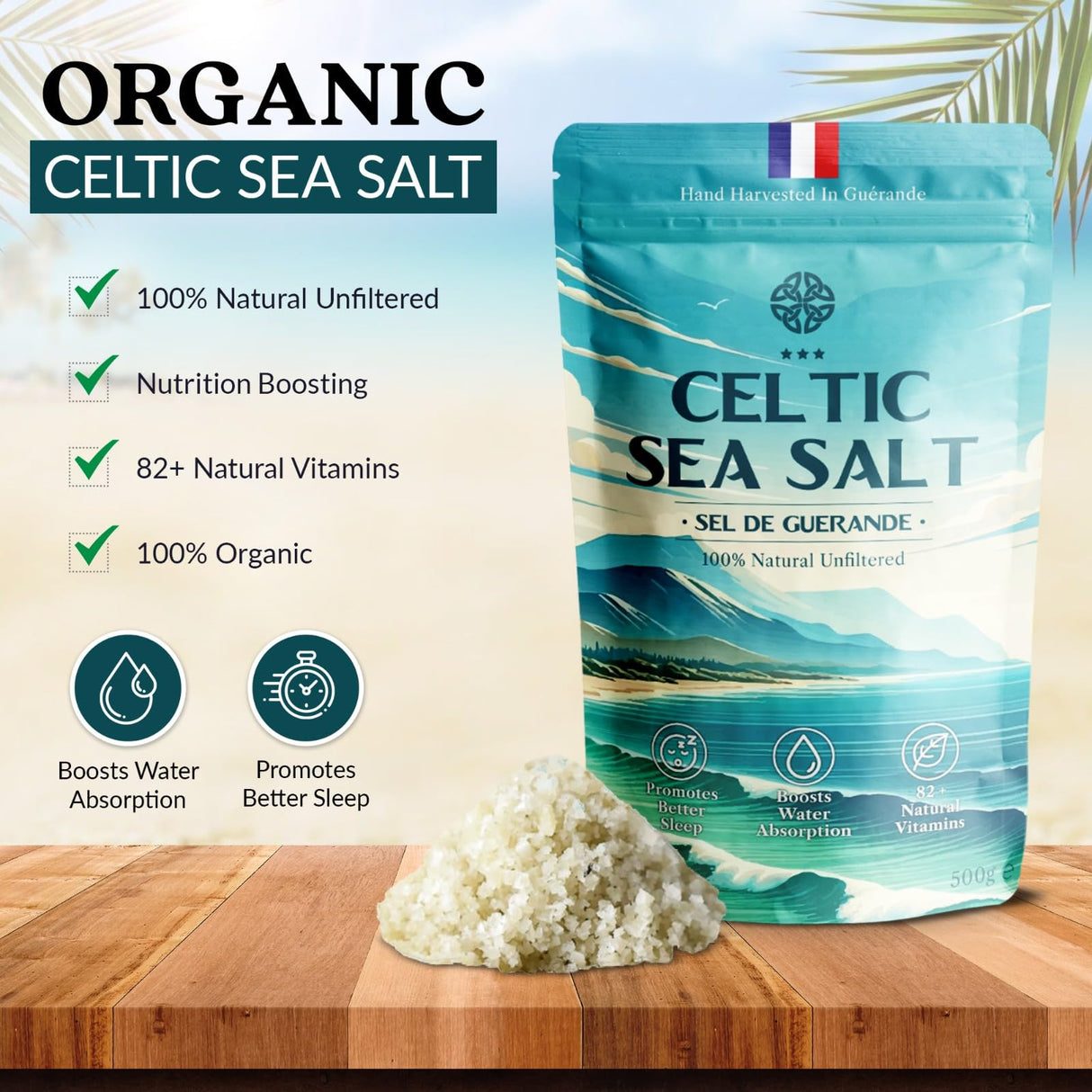4 Pack Celtic Sea Salt 500g | 100% Organic Unfiltered | 82+ Natural Minerals | Hand Harvested in Guerande, France | Coarse Grey | 500g