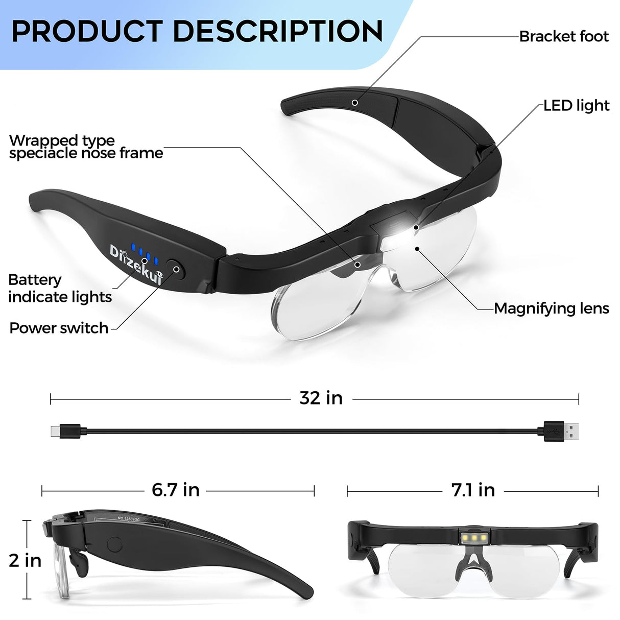 Dilzekui Magnifying Glass with Light 1.5X to 5.0X, Rechargeable Magnifying Glasses Head Magnifier, Lighted Magnify Glass with 4 Detachable Lenses, Magnifier Headset for Close Work Reading Jewelry