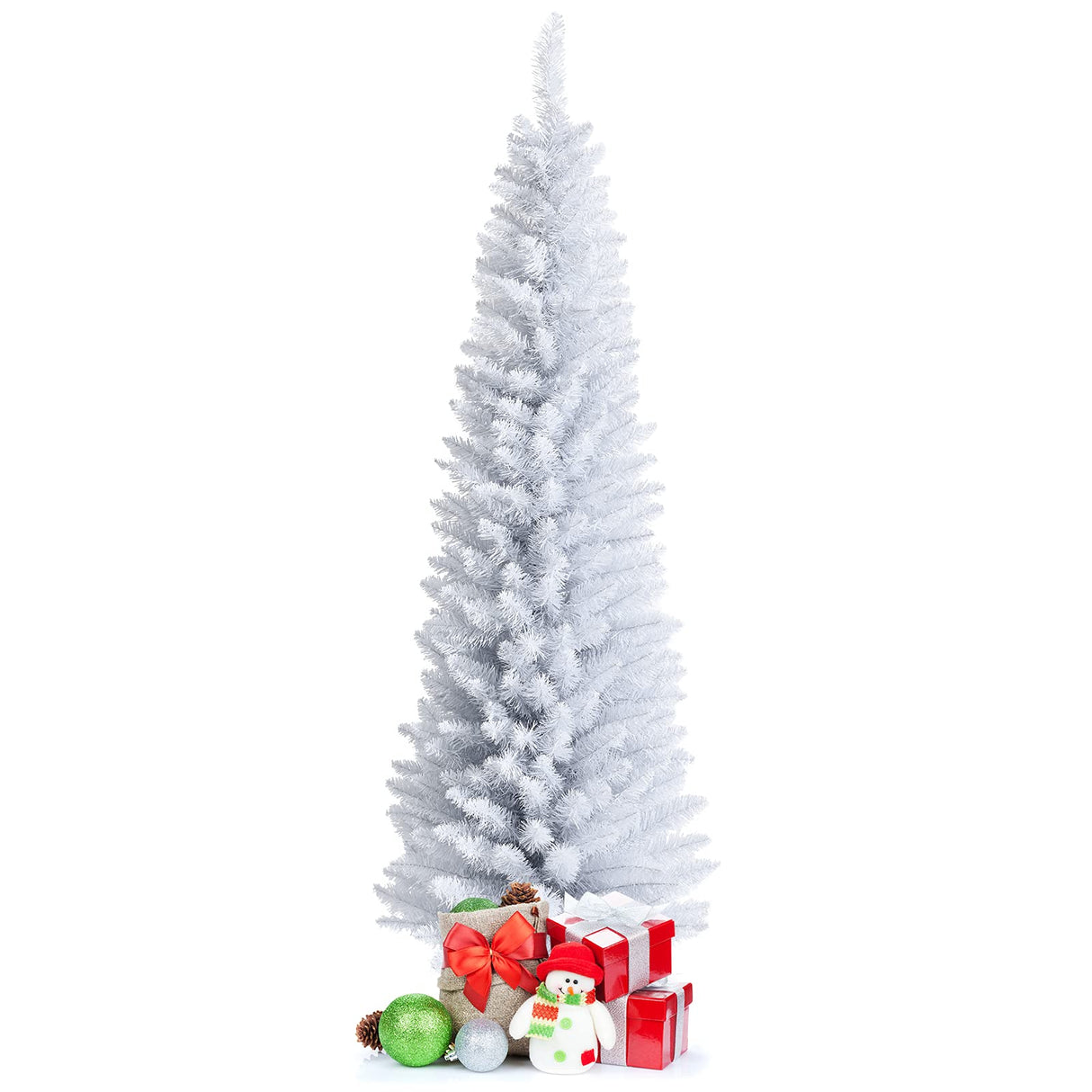 Goplus 6FT Pencil Christmas Tree, Artificial Slim White Christmas Tree with 340 PVC Needles & Folding Metal Stand, Unlit Xmas Tree for Home Office Shops Hotels Decoration