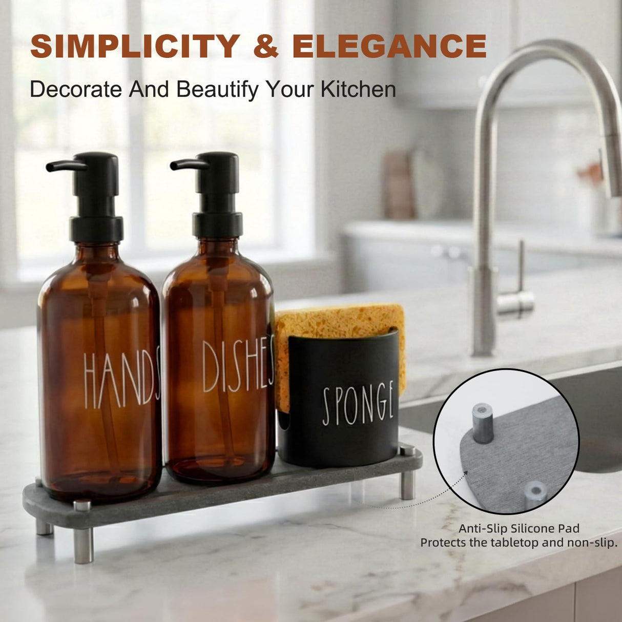 TOLDATLI Hand and Dish Soap Dispenser Set, Kitchen Soap Dispenser Set with Sponge Holder, 16.9oz Amber Glass Dispenser, Waterproof Labels, Instant Dry Tray|Upgrade for Your Kitchen and Bathroom