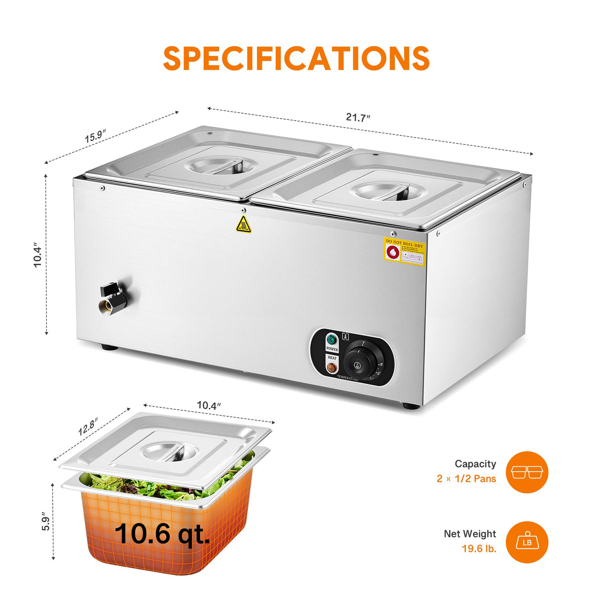 WILPREP Commercial Food Warmer with Two 1/2 Pans, 1500W Countertop Electric Steam Table, 86-185°F Adjustable Temp Control & Over-Temp Protection, Stainless Steel Buffet Bain Marie