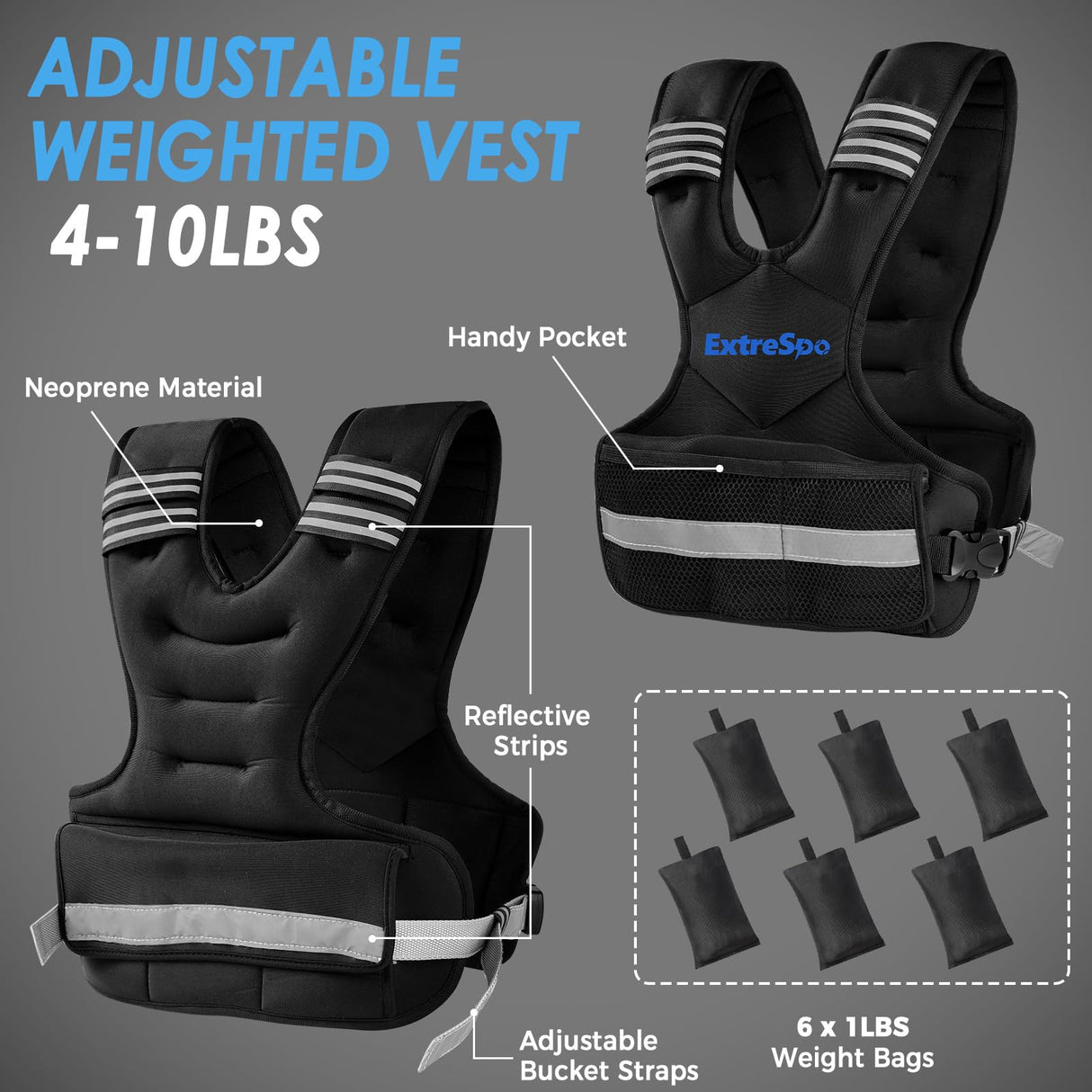 ExtreSpo Adjustable Weighted Vest for Women and Men, 4-10lb Weight Vest with 6 Ironsand Weights, Body Weight Vest Exercise Set with Reflective Strip for Strength Training and Workout