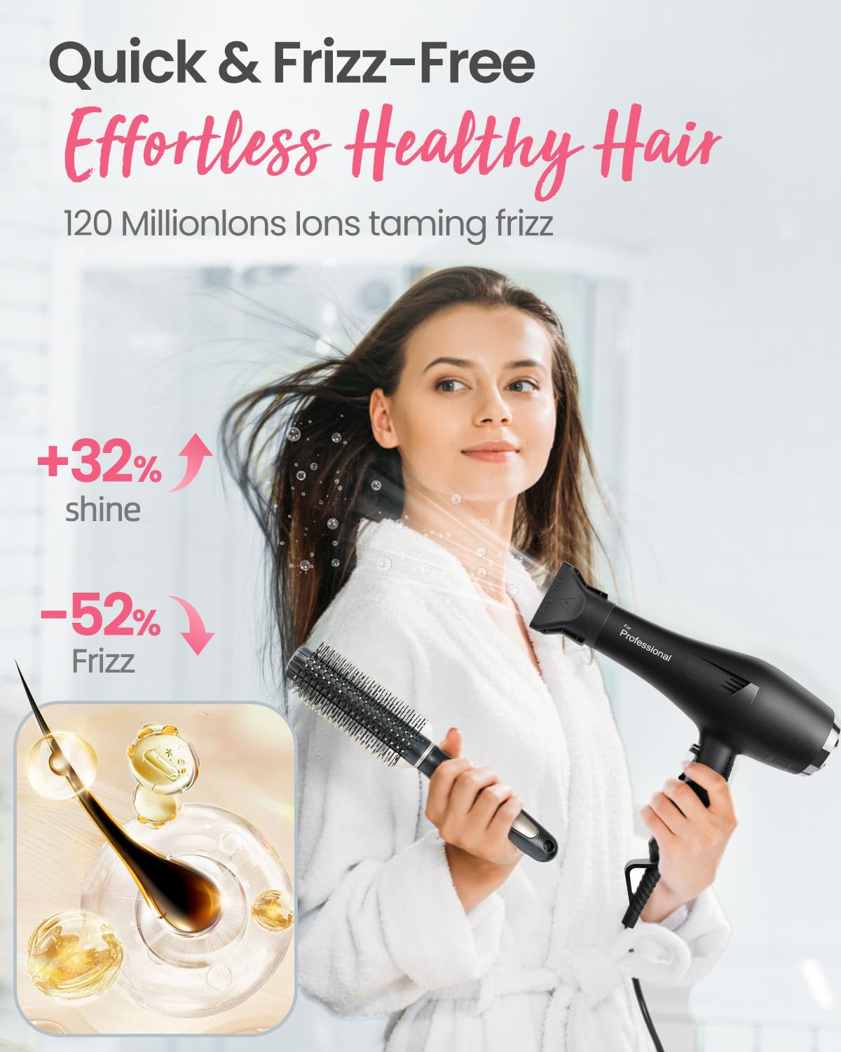 Dekuri Professional Ionic Hair Dryer AC Motor Fast Drying Salon Blow Dryer with Diffuser, Comb, Nozzle, Concentrator, for Curly and Straight Hair, 2 Speed & 3 Heat Setting, Cool Button, Black