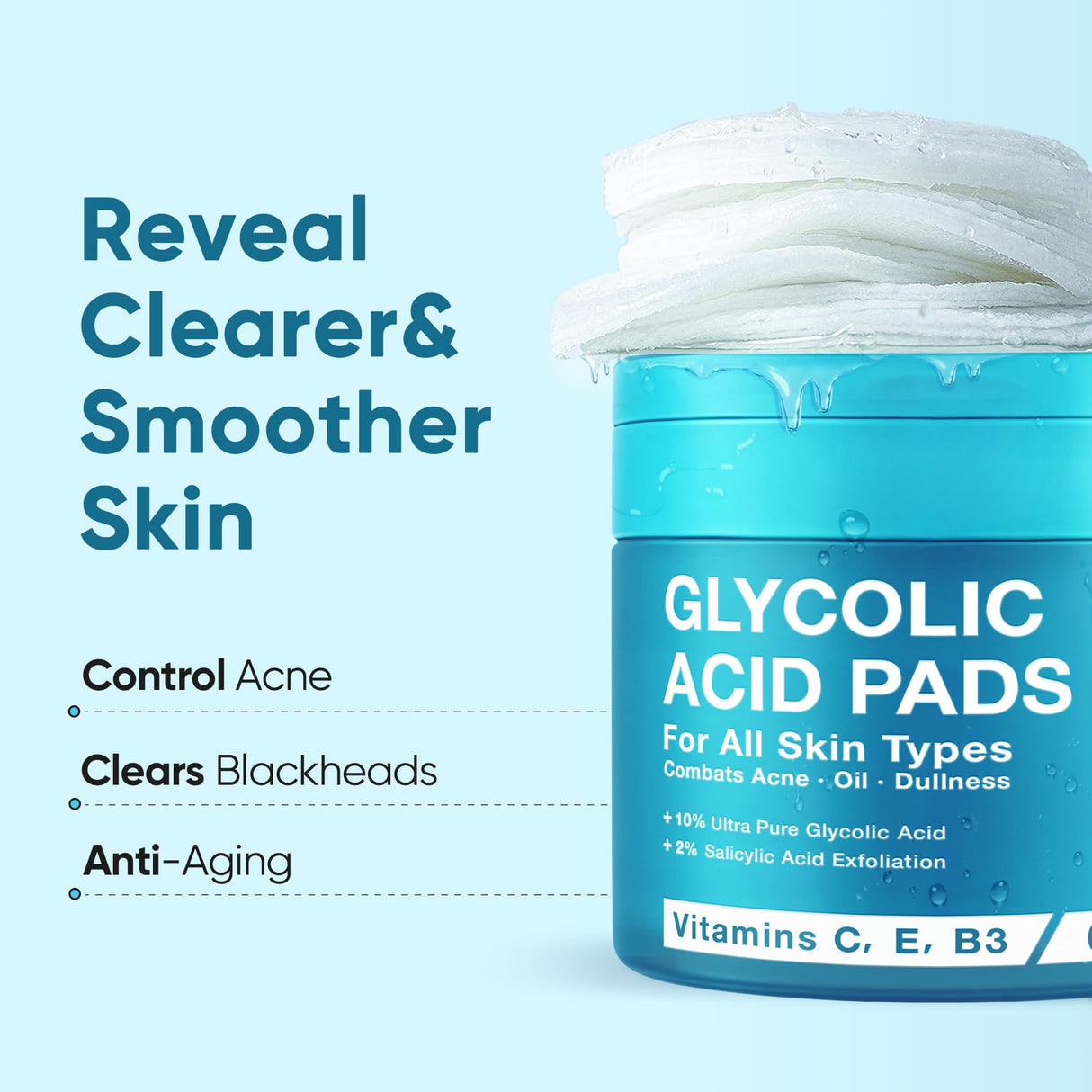 Elvira Korean Skincare Anti-Aging & Glycolic Acid Exfoliating Facial Pads With 10% Glycolic Acid, 2% Salicylic Acid & Niacinamide - 60 Toner Pads, Daily Peel Treatment for Acne Prone Sensitive Skin