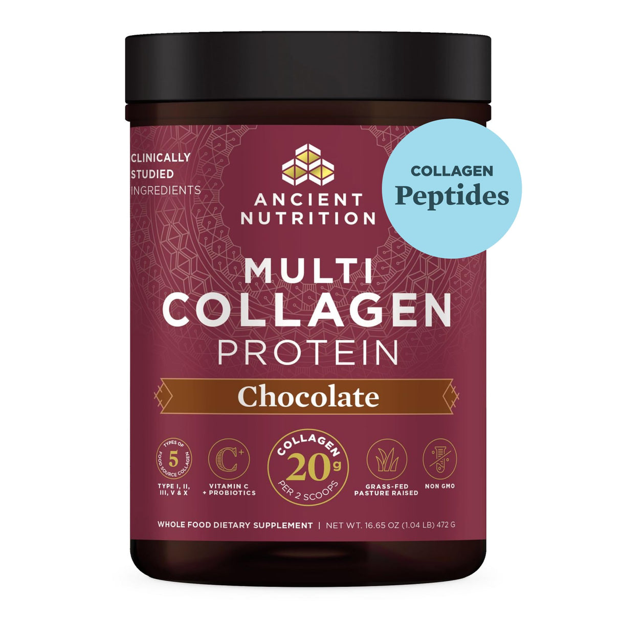Ancient Nutrition Hydrolyzed Collagen Peptides Powder with Probiotics, Chocolate Multi Collagen Protein for Women and Men with Vitamin C, 40 Servings, Supports Skin and Nails, Gut Health, 16.65oz