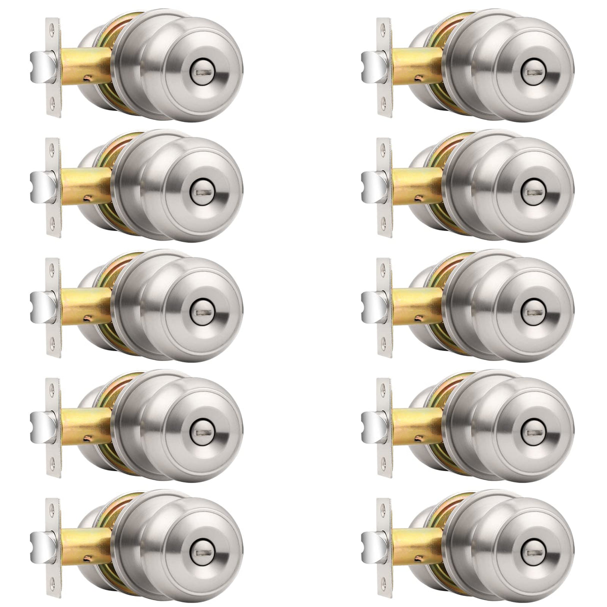 Probrico Brushed Nickel Bed/Bath Door Knobs, Satin Ball Door Knob, Interior Door Knobs for Bedroom Bathroom, Privacy Function, 10 Pack